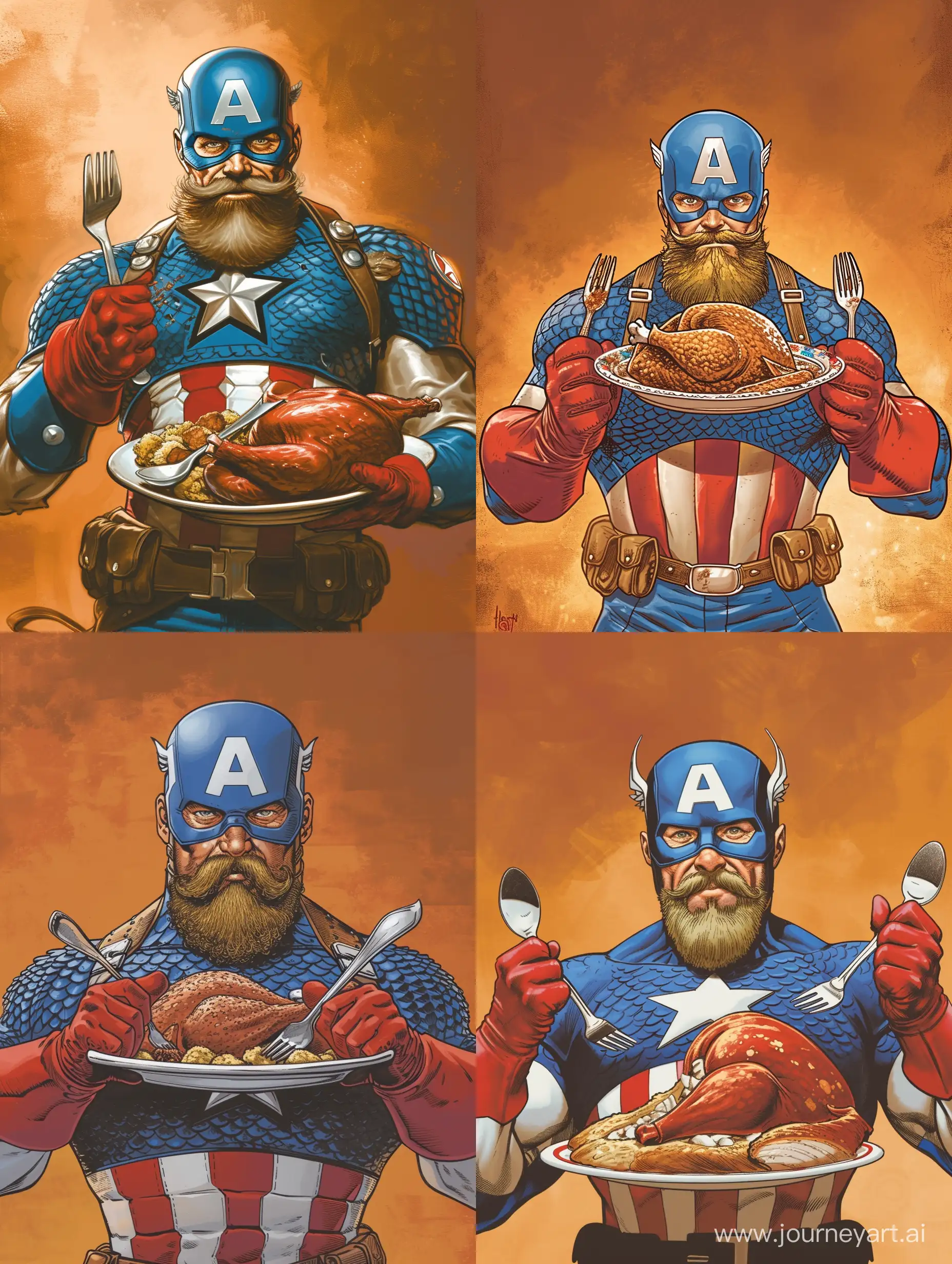 Captain America, a character from Marvel comics, is shown holding a plate of turkey with both hands. He is wearing his signature red, white, and blue suit with a blue helmet and a thick beard. He has a mustache and is holding a fork and a spoon. The background features a warm orange hue.