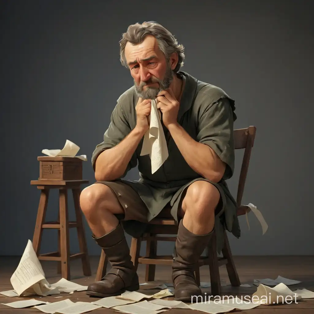 Philosopher Vasily Rozanov is crying, wiping his tears with a handkerchief, with pieces of paper from a manuscript scattered around him. He sits on a stool. We see him with arms and legs, in full height. In realism style, 3D animation.
