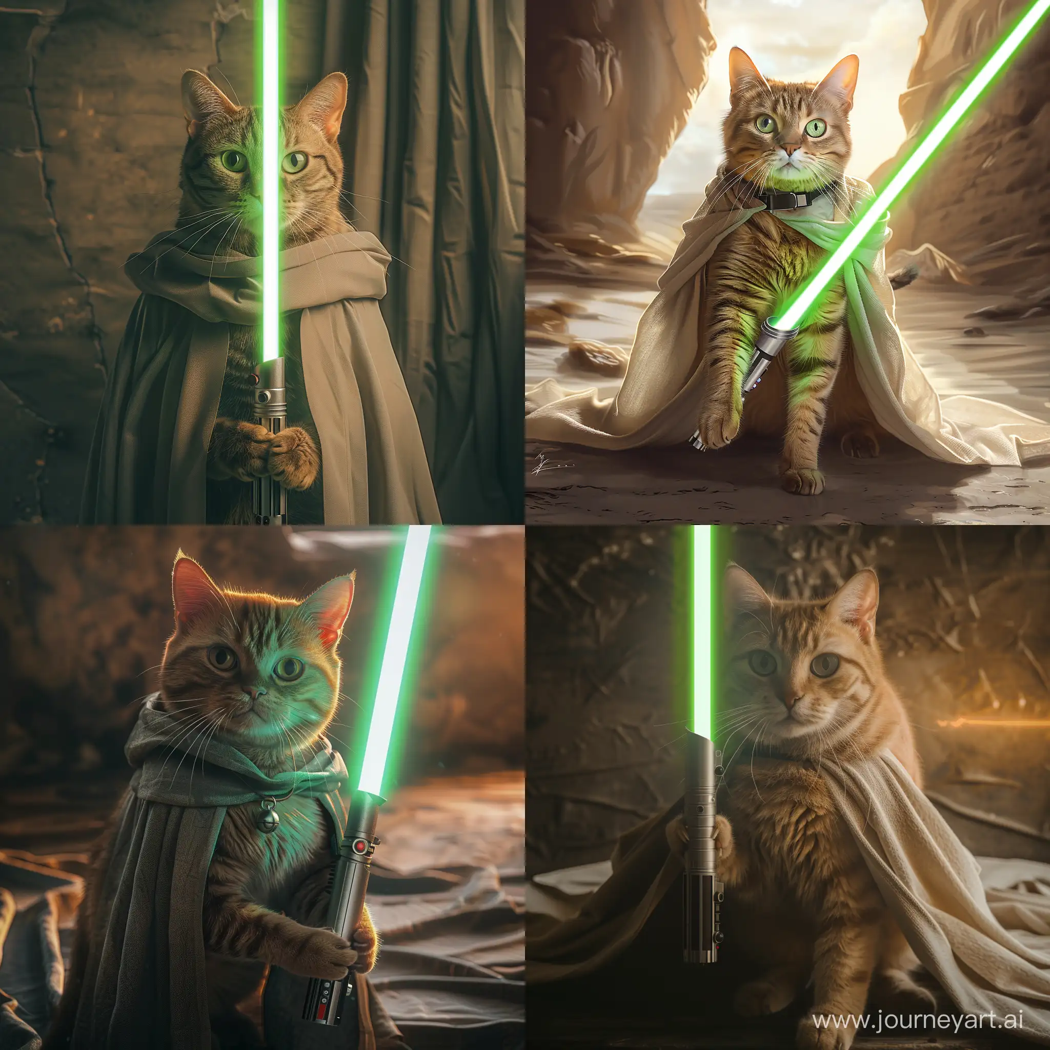cat with a green lightsaber, stands in a light cloak, look in the camera, graphics 4k