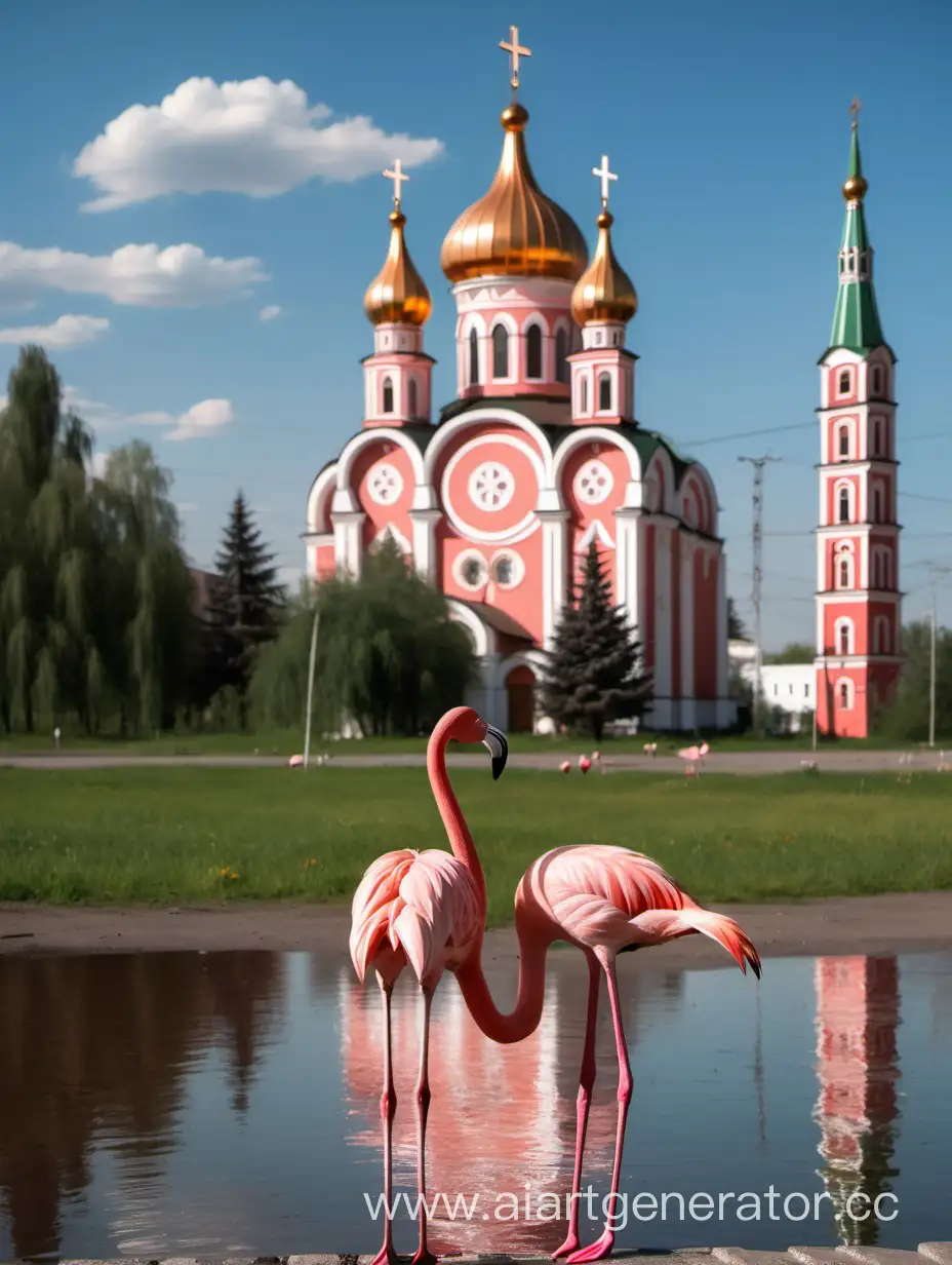 фламинго на фоне
Корсунского собор в городе Торопец Россия