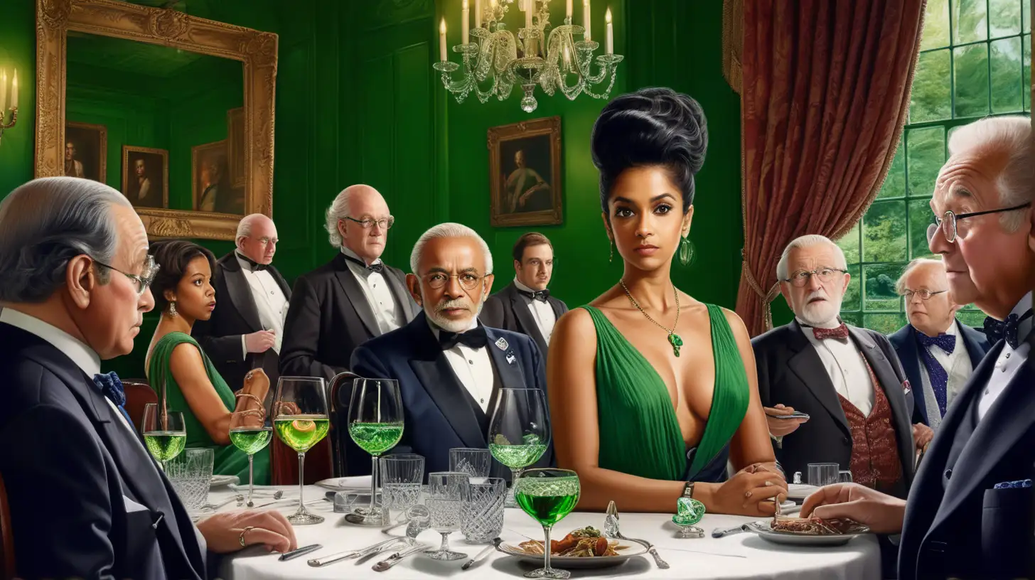 Create the following: DOCTOR INDIA DEY (40’s) Studious - Wearing a stunning 
Kelly green, backless cocktail dress.  She is at a dinner party in an old mansion in London.  Seated at the table are government officials, Old men. 