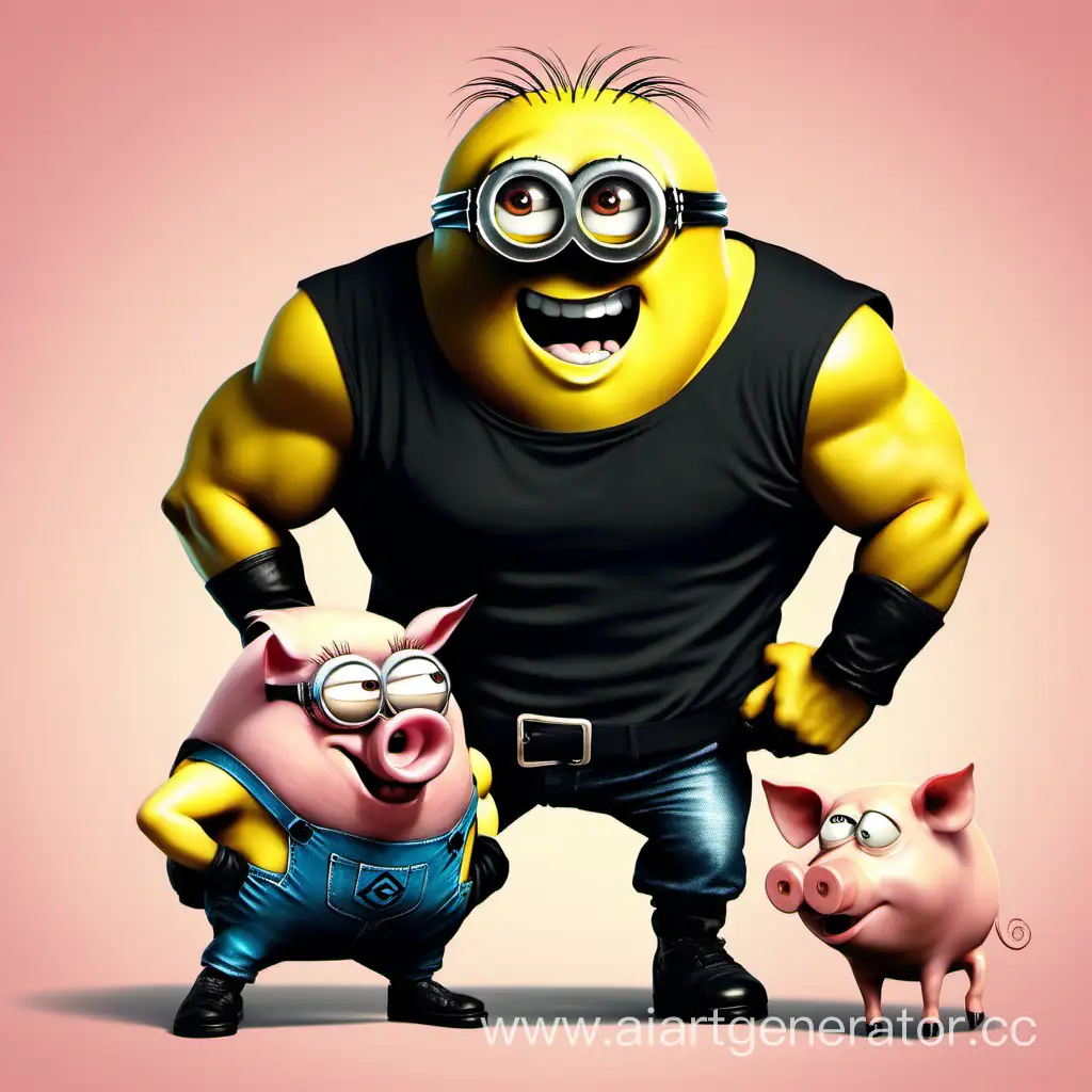 Minion with big muscles in a black T-shirt SVO chokes a pig