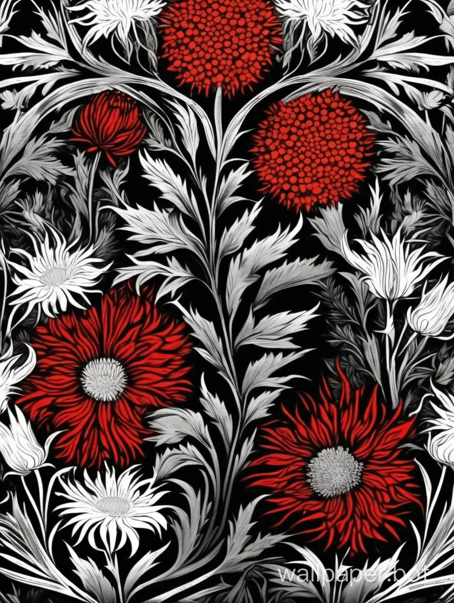 wildflowers ornament pattern, van gogh, william morris, red, black, white, gray, gradient, hiperdetailed poster, dark, high contrast,