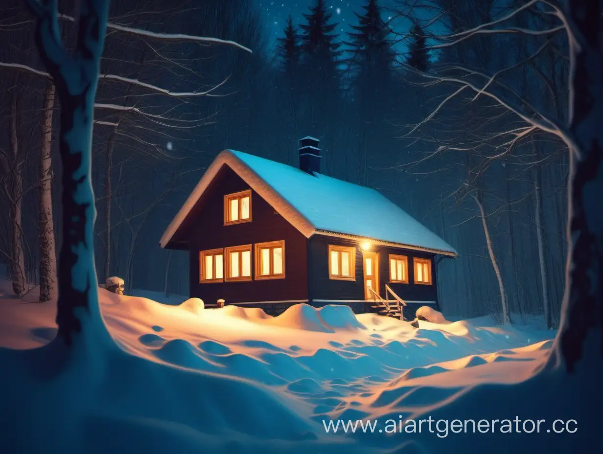 cottage in a snowy night forest warm light from the windows