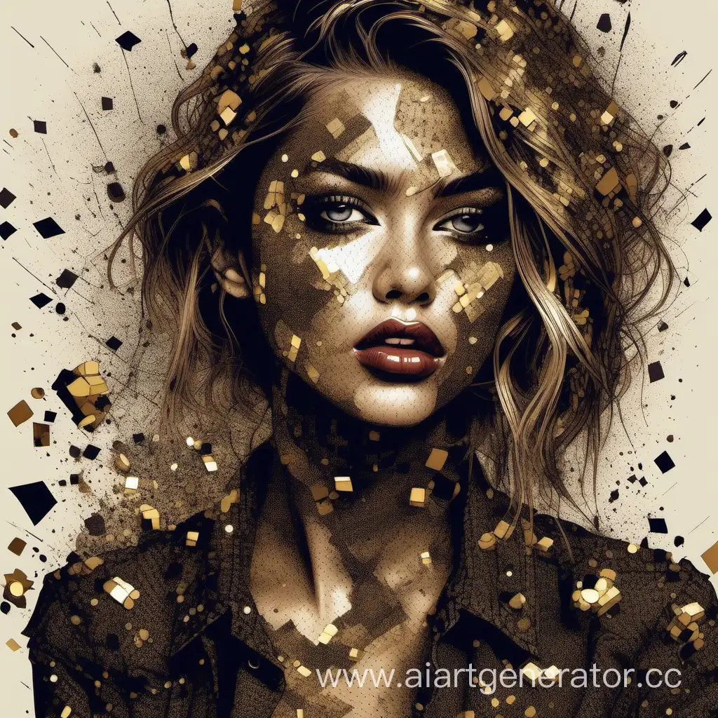 Fantasy: unrealistically beautiful girl scatters into pixels, disintegration, grunge decorations, beautiful complex makeup, parted lips, charismatic look, fashionable pose, fine ink drawing, coal black, wine, gold, khaki, ocher, drawing of details, hyperphotorealism, hyperdetailed, many details, design, high fashion