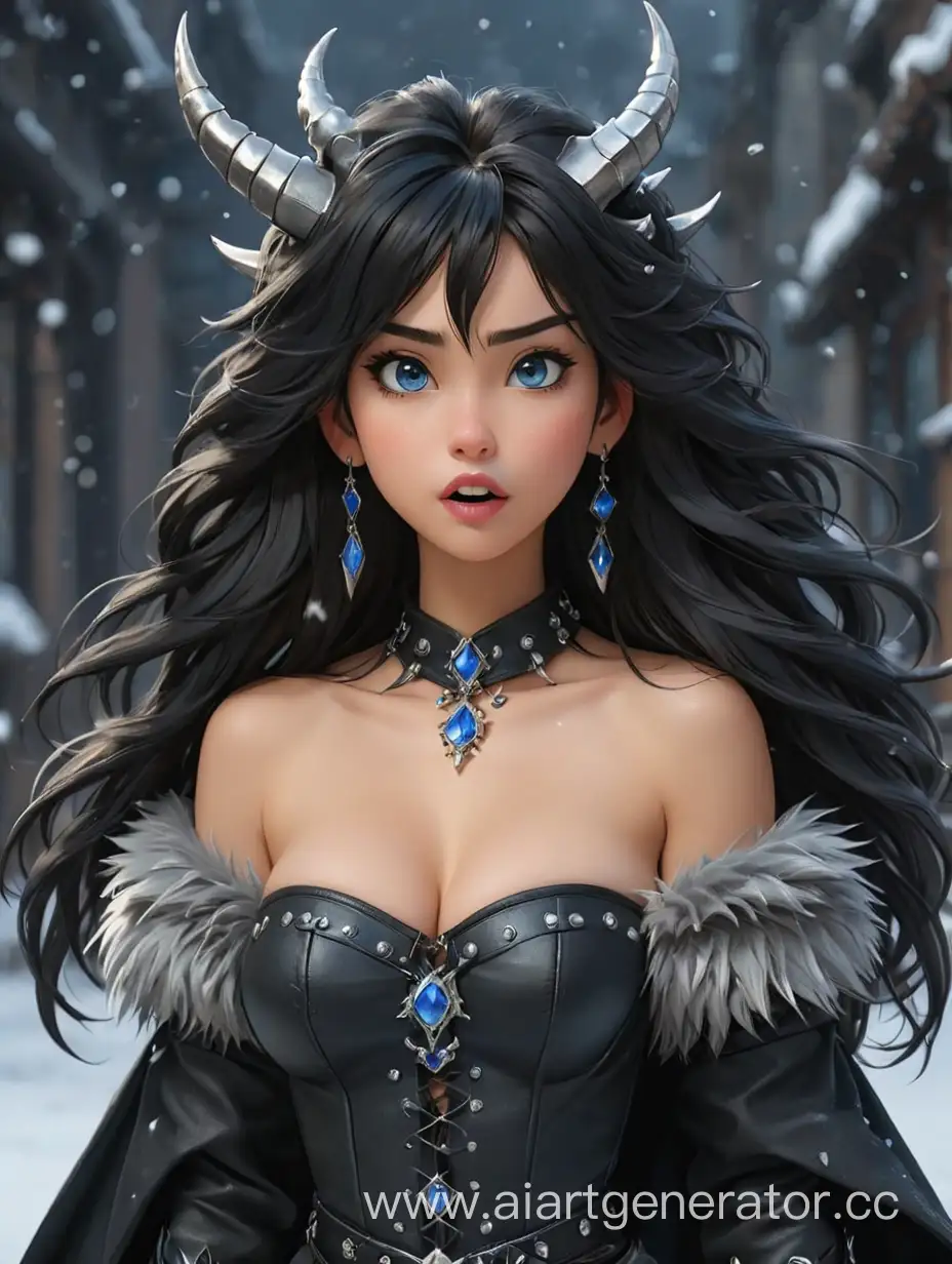 The girl stands with her arms crossed and her tongue hanging out. She has very long black hair with a crown in the form of eight dragon horns on her head. On her neck she has a fluffy black fur collar with sparkles, from which extends a long black robe in the form of dragon wings with shoulder pads with spikes. She wears a short leather strapless top and black leather pants with high lace-up boots and high heels. She has large breasts and toned abs. She wears silver jewelry with blue sapphires. Her eyes are blue with cat-like pupils. her hands have silver claws, and her mouth is studded with sharp snow-white fangs
