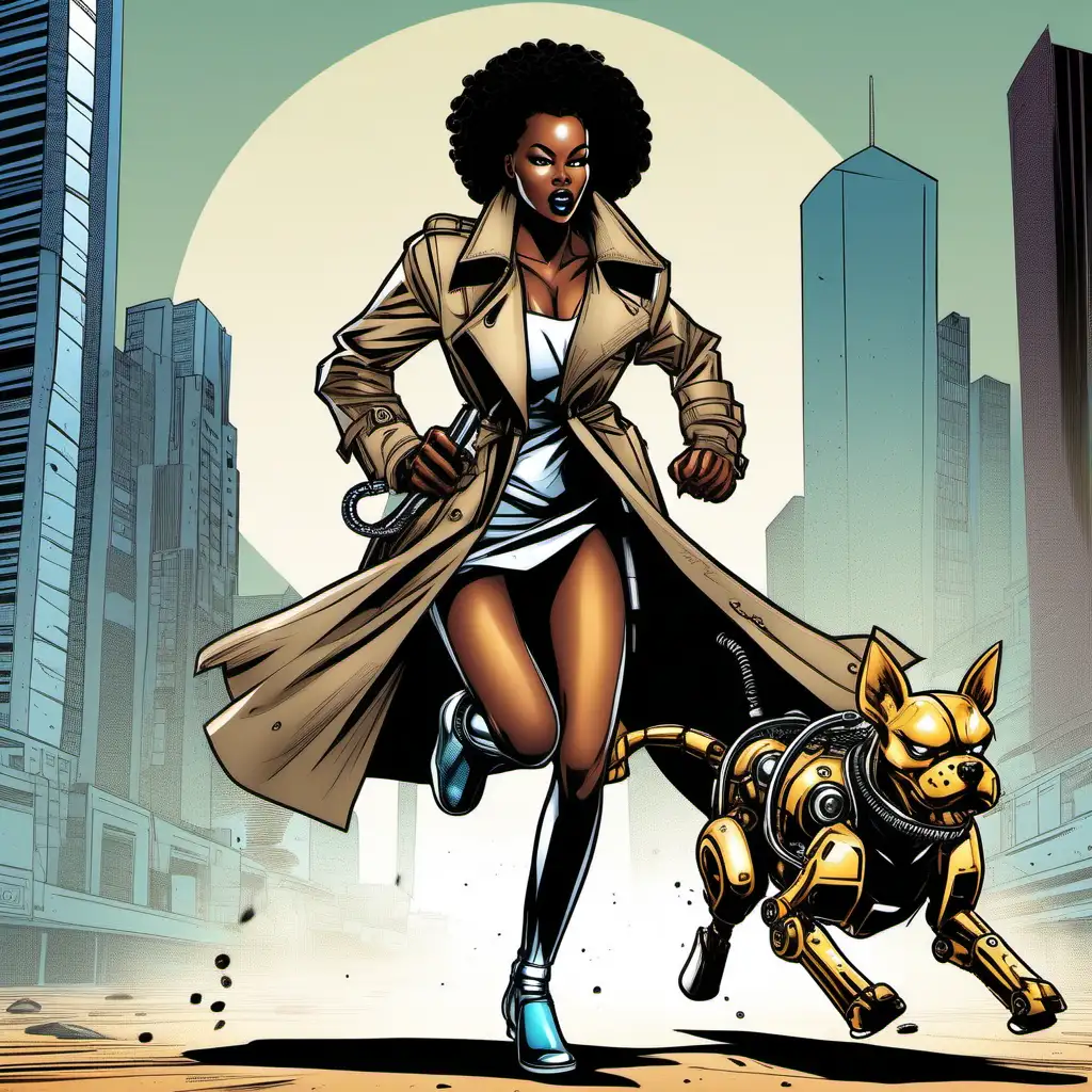  a  sexy african woman  running  with her robot dog  wearing a trench coat, comic book style semi real