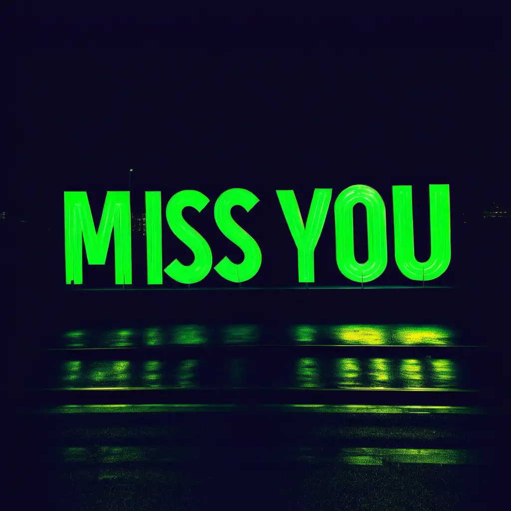 Urban Night Scene with Glowing Miss You Lights in Neon Green