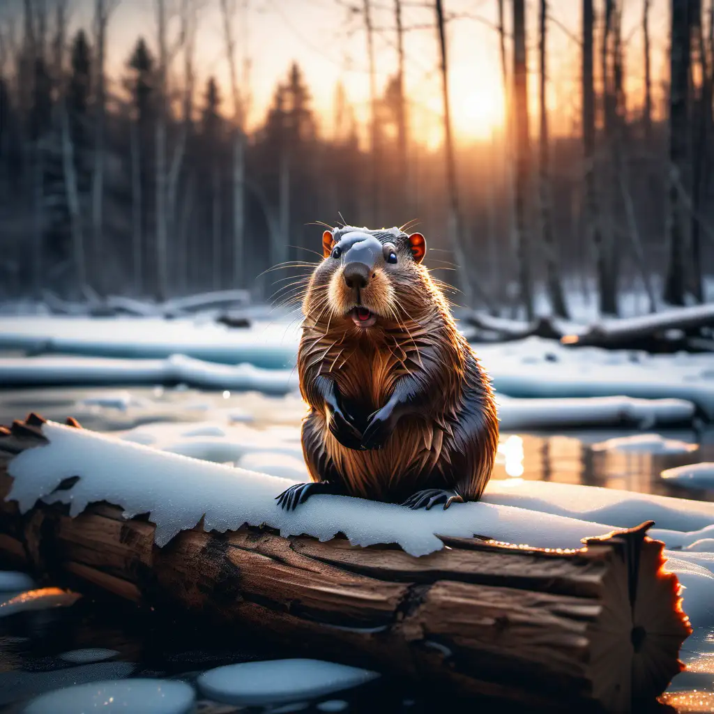 a portrait of a beaver sitting at a log in a frozen river, realistic, texture, scenery snowy forest river, ambient sunset light