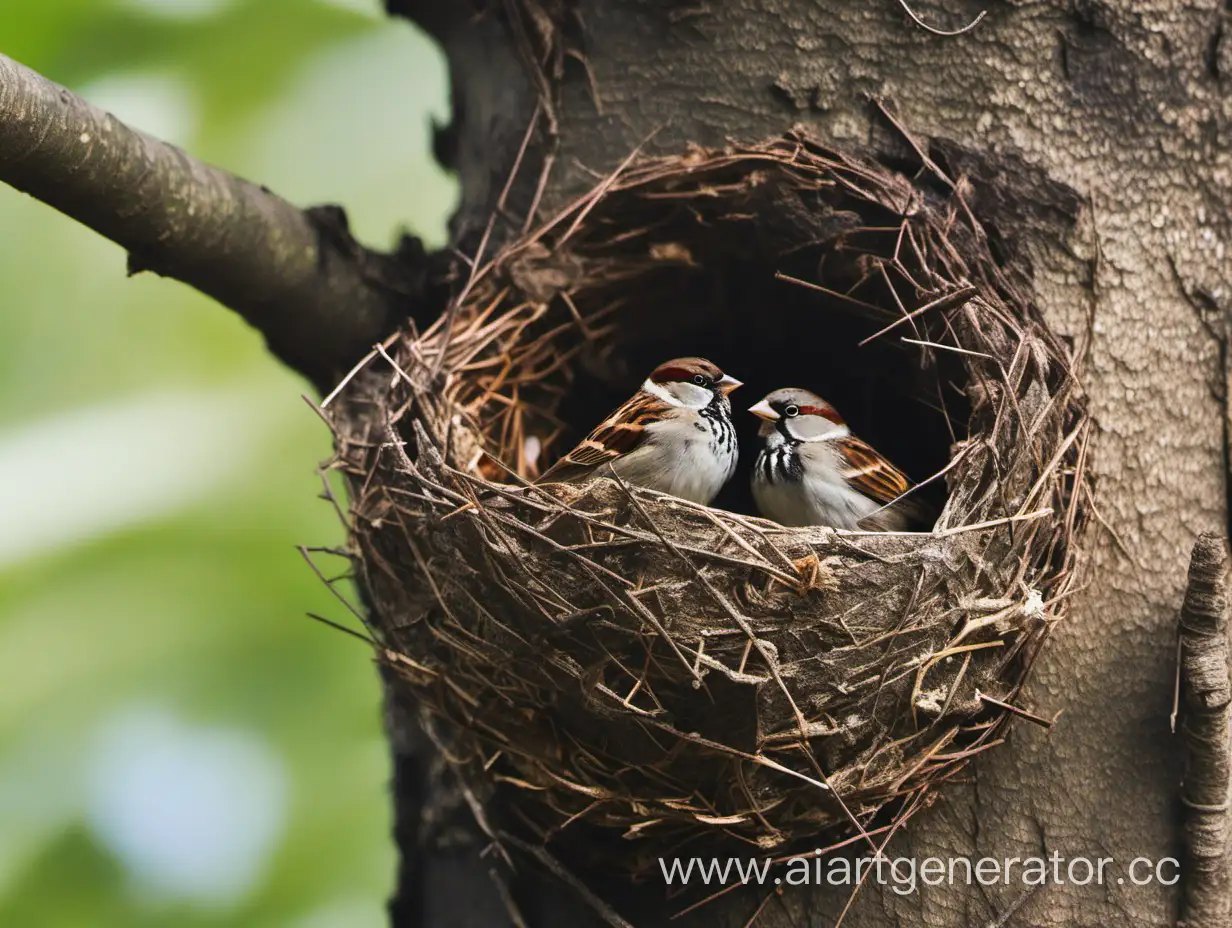 Sparrow-Nesting-in-Tree-Tranquil-Nature-Scene-with-Bird-Habitat