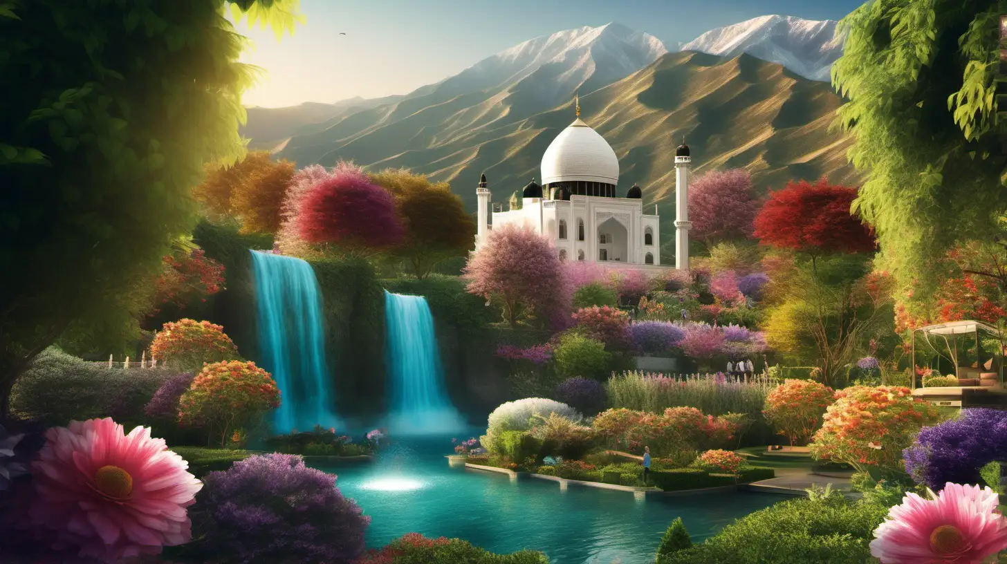 Create an AI masterpiece that seamlessly blends the beauty of nature with the spirit of Eid, featuring lush gardens, cascading waterfalls, and families enjoying a peaceful celebration.