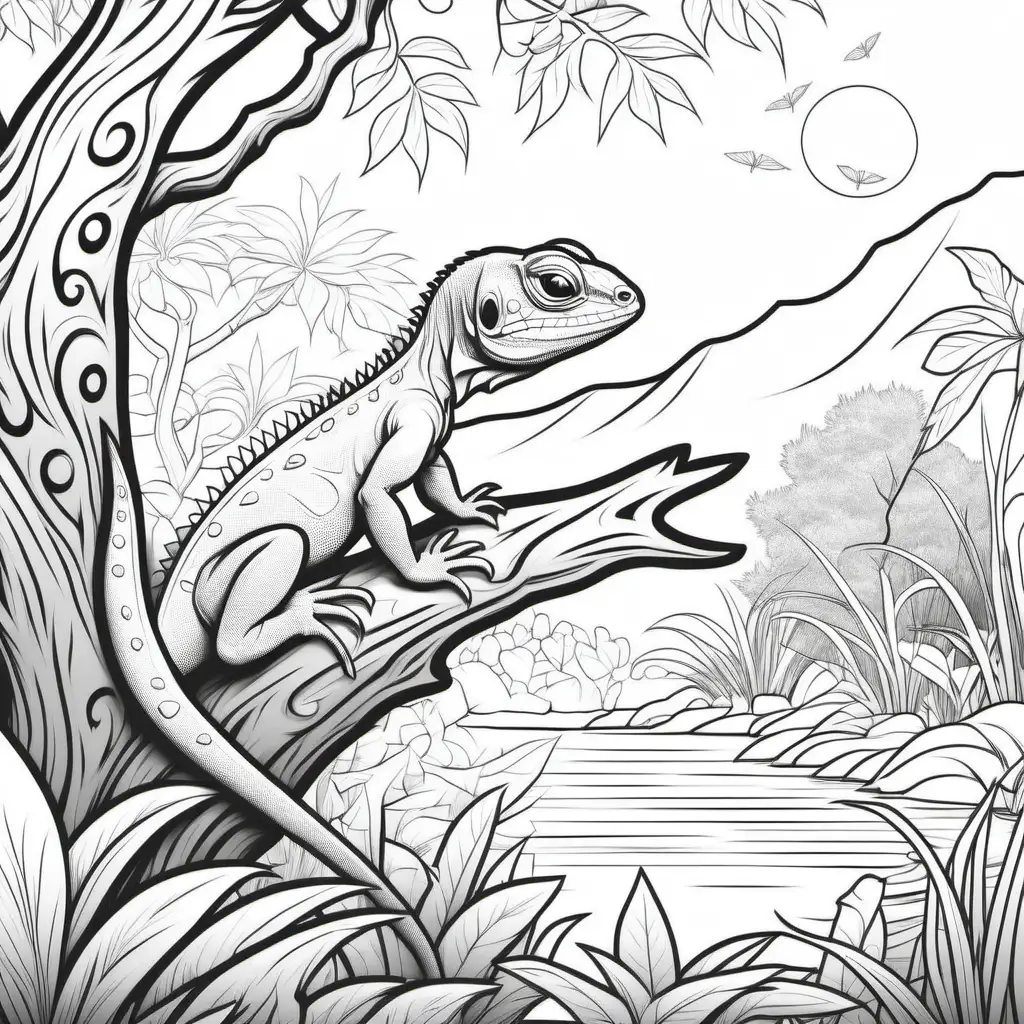 Coloring page for kids, Lizard on a tree in Garden of Eden close to a water body, clean line art