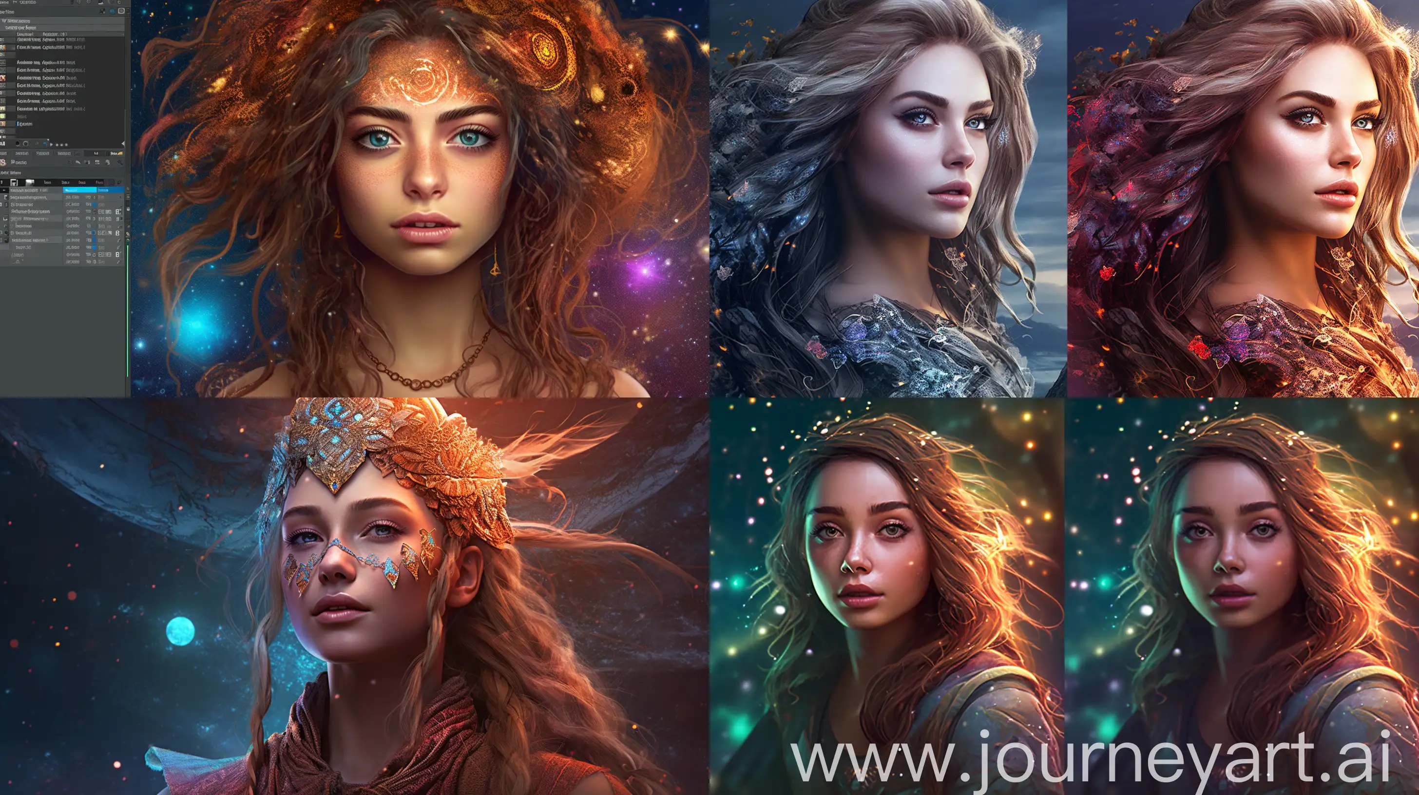 illustration don't change image face, full size, half body, fairy tale, mage, cute, gorgeous, beautiful, cosmic hair, gorgeous dress, 4K, stunning details, dynamic lighting, cinematic lighting, atractive composition, ultra detailed, beautiful color-coded, UHD, HDR, atractive lighting, high quality, super-resolution, ray tracing reflections, anti aliasing, FKAA, TXAA, RTX, SSAO, shaders, openGL-shaders, GLSL-Shaders, post processing, violet vibes, --ar 16:9 --upbeta --q 2 --v 5