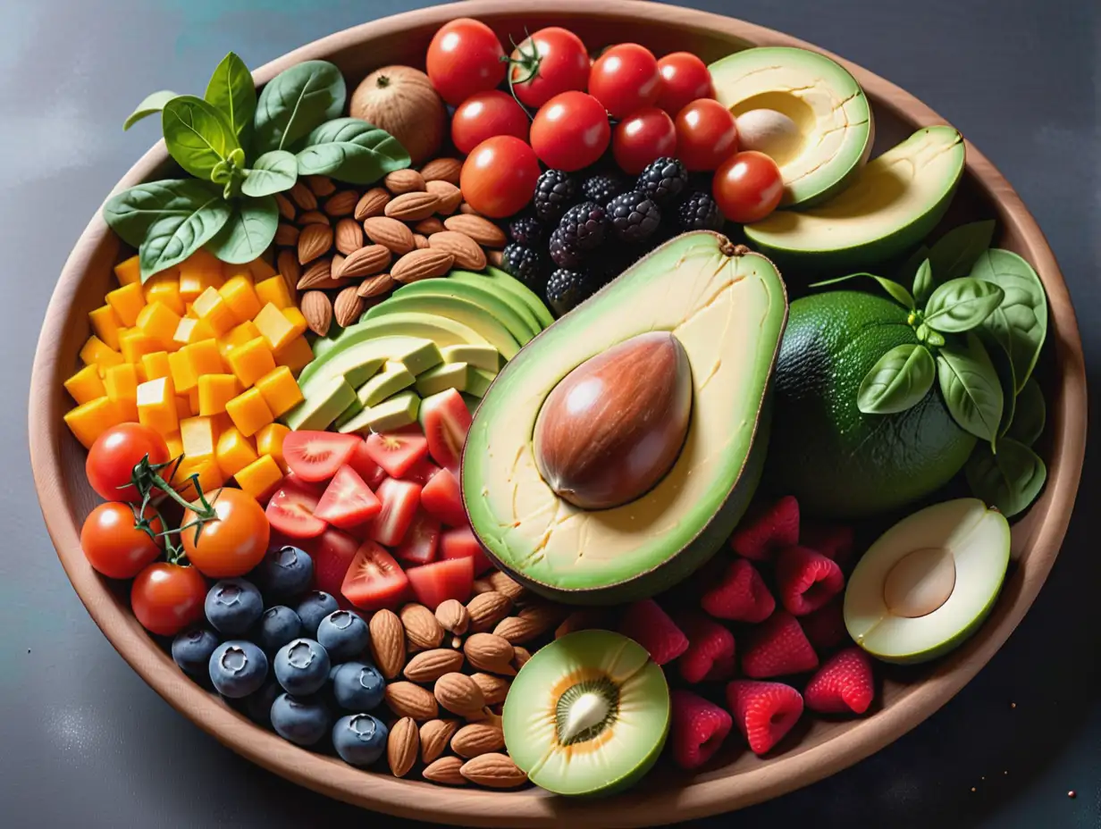 A medley of colorful fruits and vegetables, each bursting with vitamins and antioxidants. A rainbow of produce, from bright red tomatoes to leafy green spinach, all arranged in an enticing display. In the center, a plump avocado sliced open to reveal its creamy, nutrient-rich flesh. Surrounding it all, a sprinkling of nuts and seeds - almonds, walnuts, chia seeds - adding a satisfying crunch. This is a feast for the eyes - and for the body.ey the vibrant colors and freshness of each ingredient.