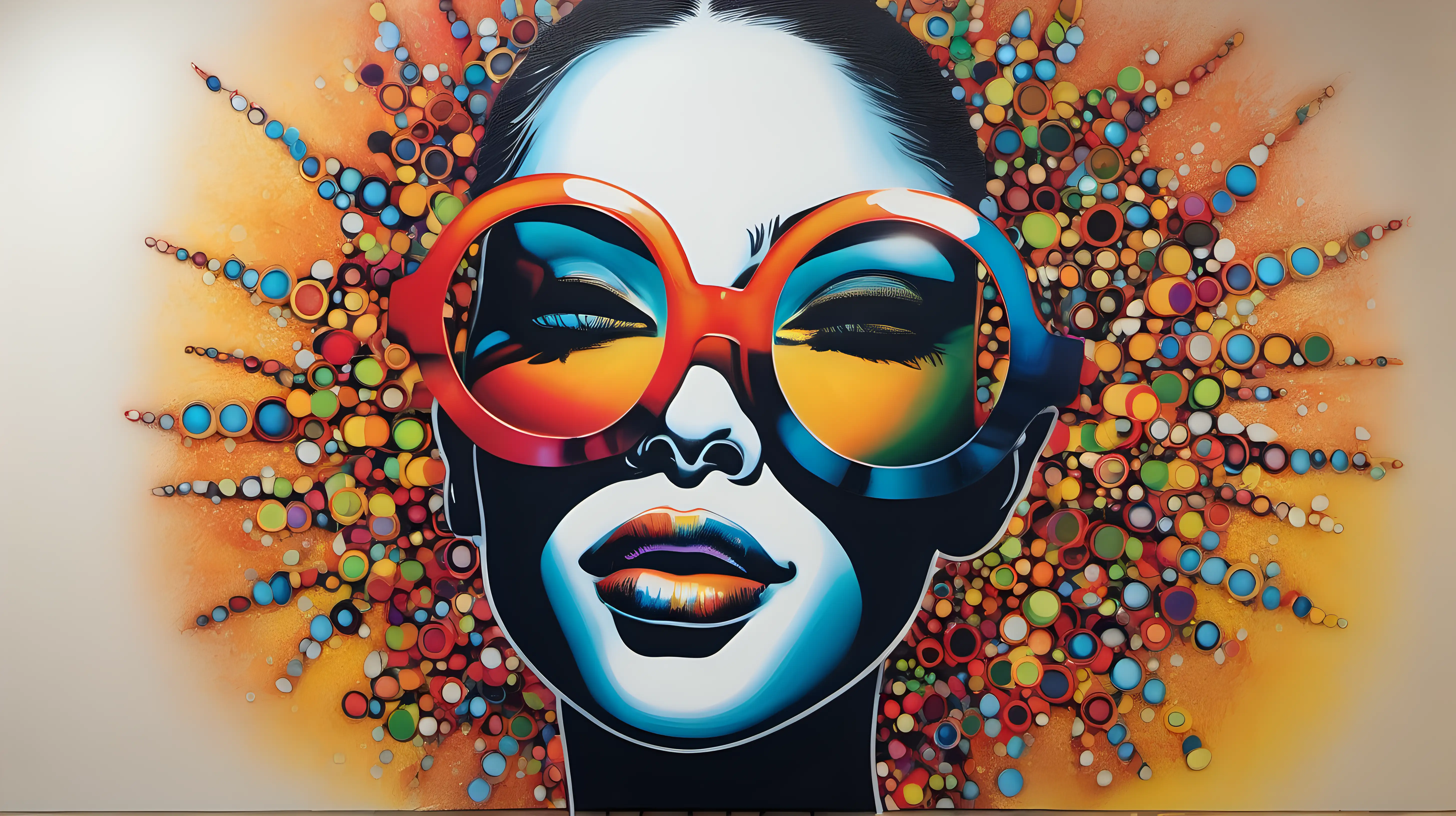     Showcase vivid energy emanating from a face adorned with vibrant glasses against a clean canvas-like background, emphasizing the power of positivity.