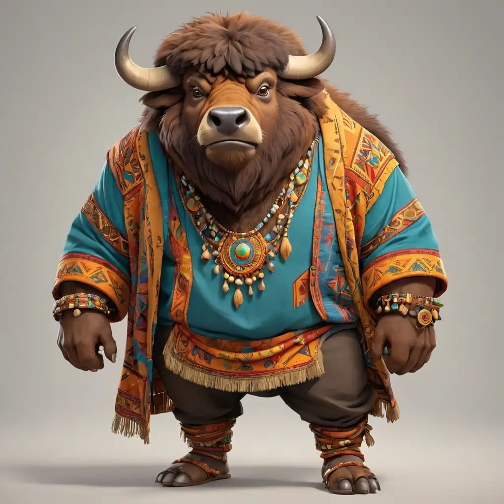 a bison in cartoon style in full body with affrican attire clothes with clear background