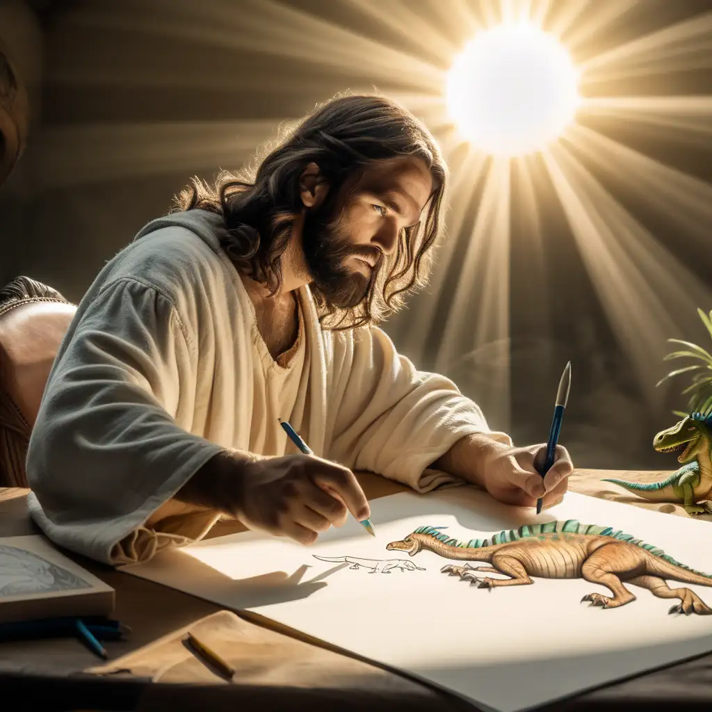Divine Creation Jesus Christ Illustrates a Luminous Dinosaur in Ultrarealistic 8K