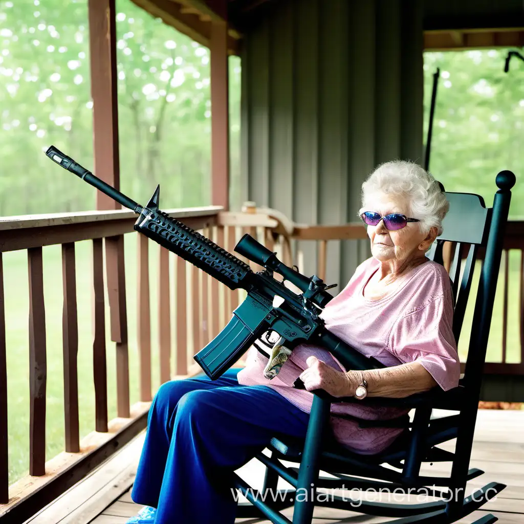granny holding an ar 15 rifle with magazine sitting in rocking chair on covered porch
