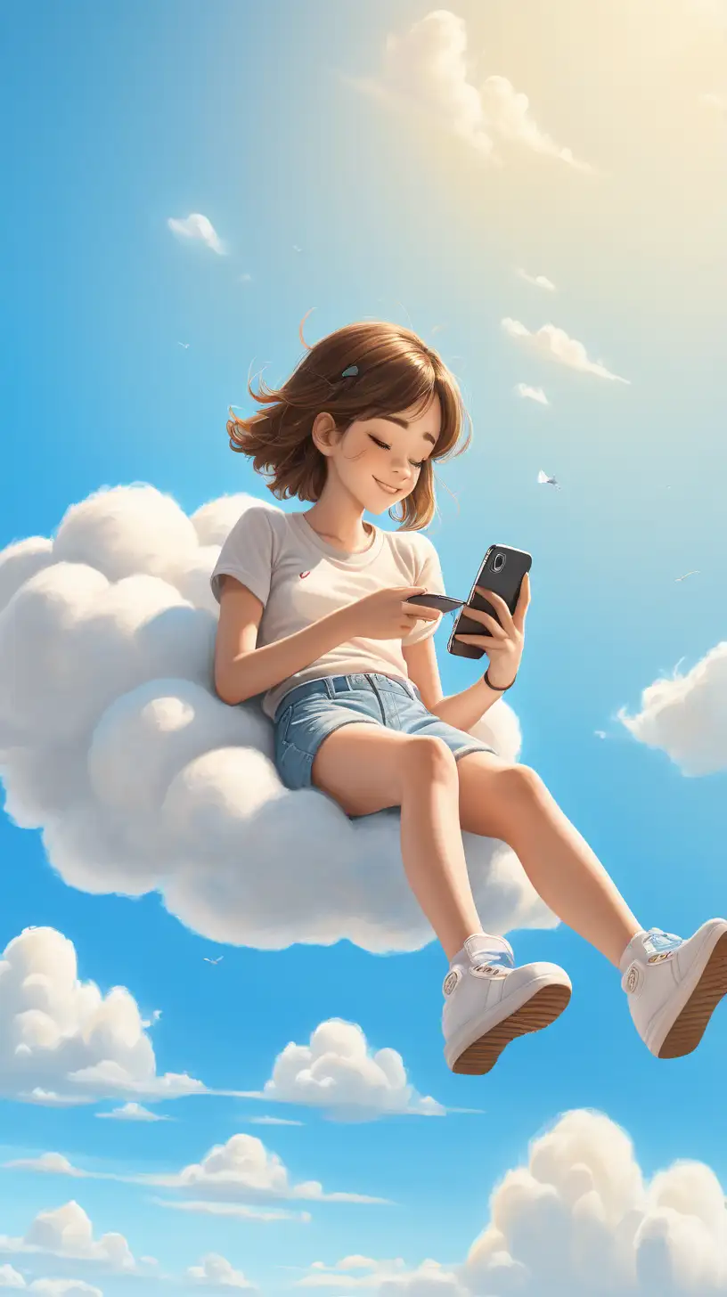 Relaxed Girl on Cloudy Sky Scrolling Through Phone
