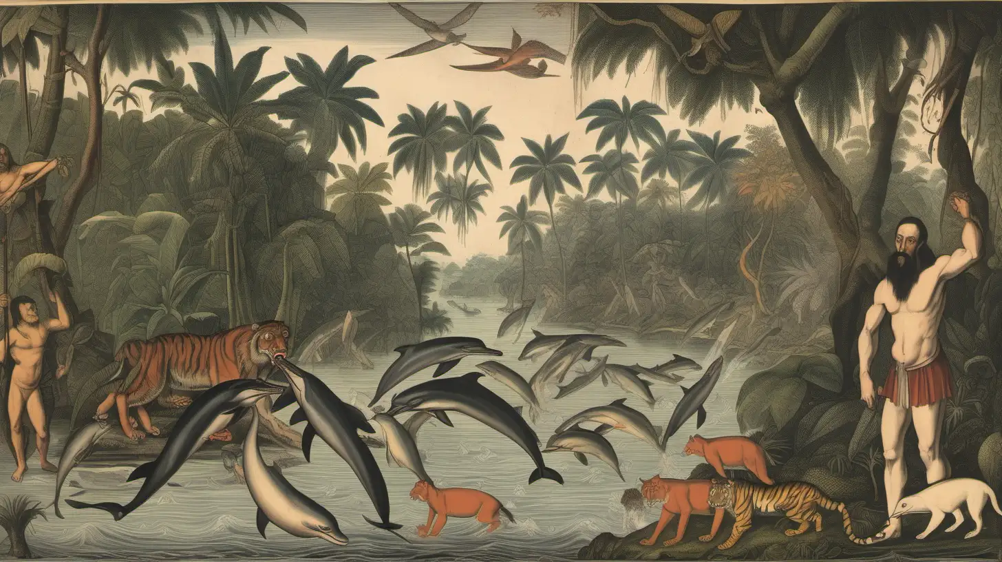 A 16th century Spanish man with black long hair, a black long beard is shirtless and standing by the river of the Amazon jungle surrounded by 5 dolphins, 5 amazonian tigers, and 5 amazonian herons. It is raining and the scene is very humid, they're surrounded by wet jungle. In the style of theodore de bry