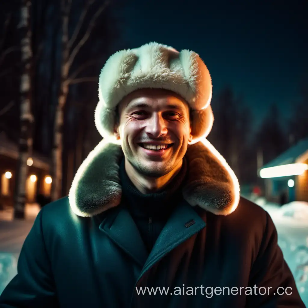 русский человек в шапке ушанке улыбается. он стоит в пальто и из груди у него свечение 