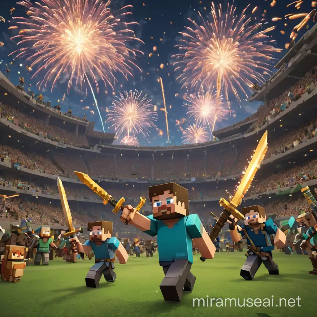 Minecraft players squad doing player versus player in stadium , fireworks,crackers,prizes,medals,bigg event, players in ground having swords,bows,crossbows,axes,pickaxes