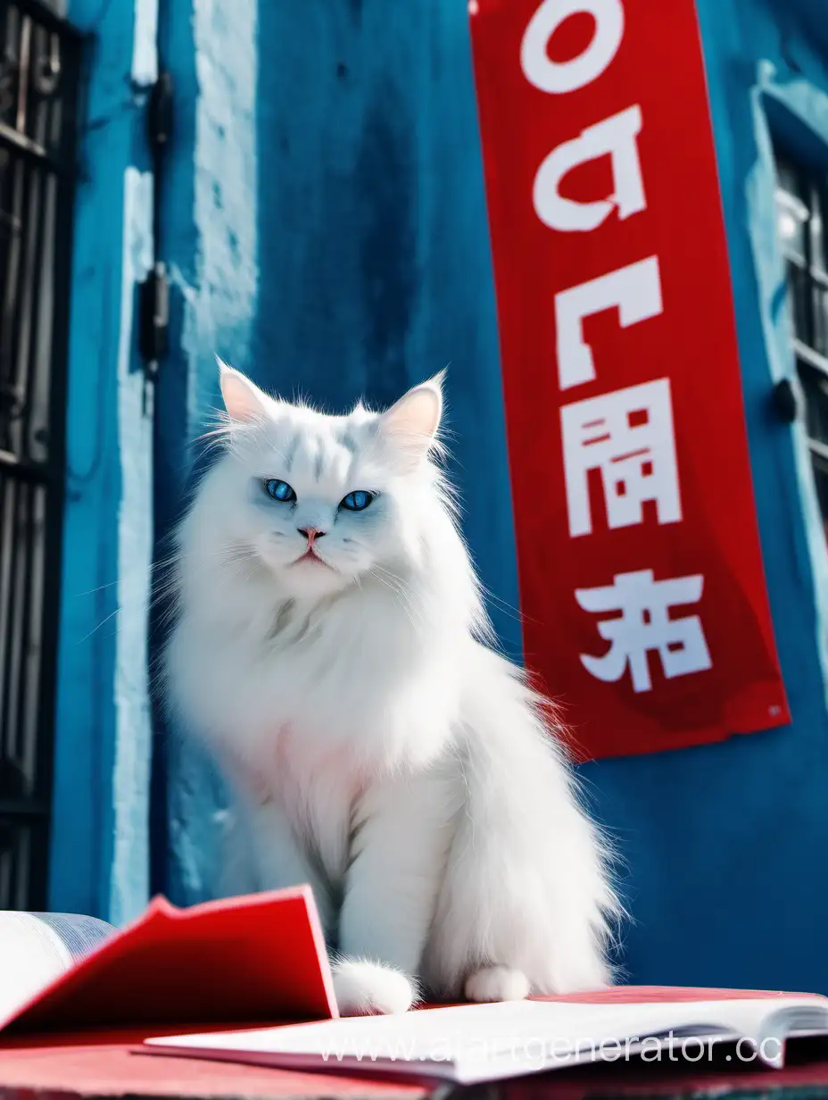 белая кошка пушистая читает красную афишу на столе в голубом городе