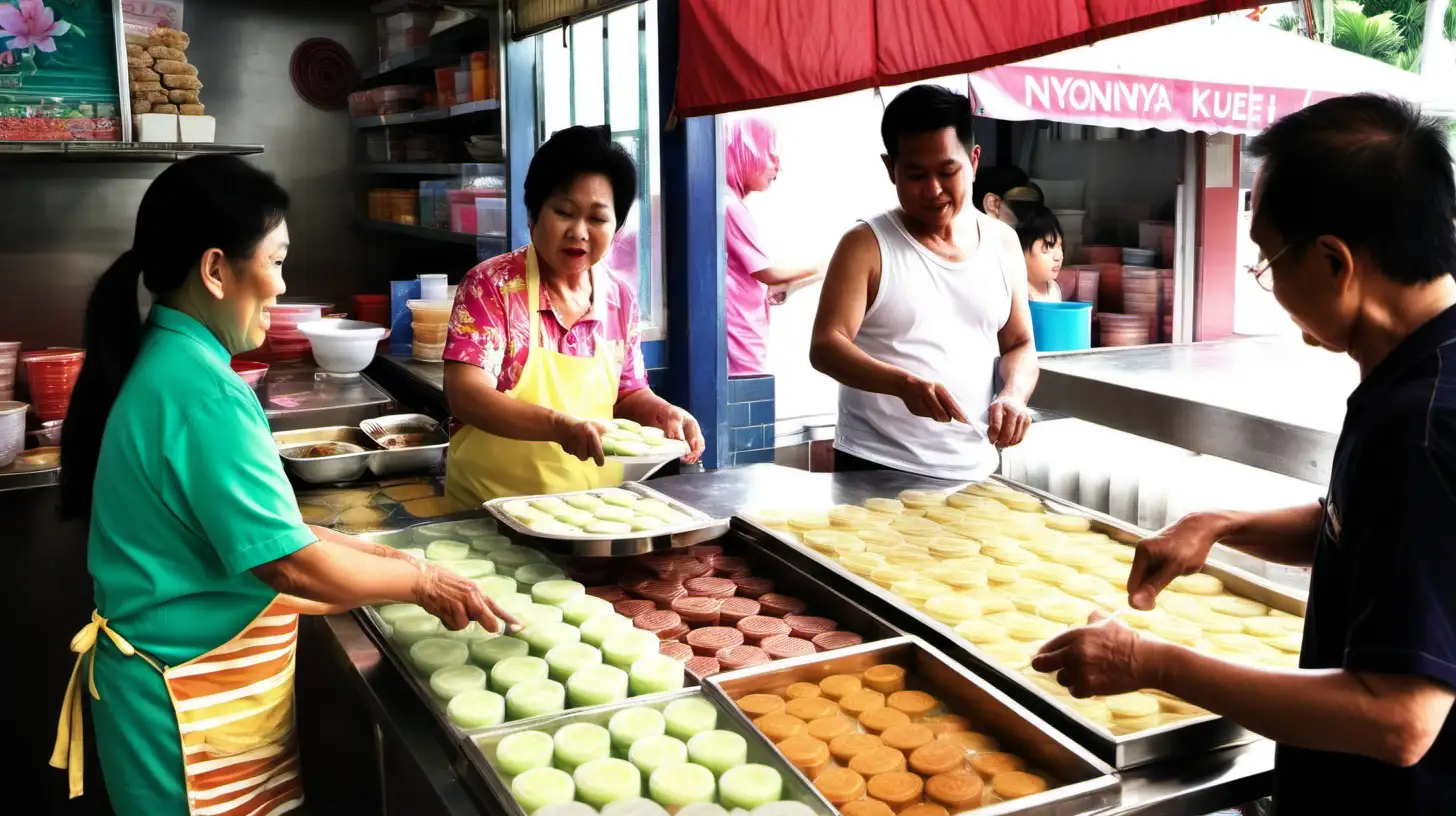 A Singaporean family helping out at a Nyonya kueh shop in the afternoon, with lots of sunlight coming in. 