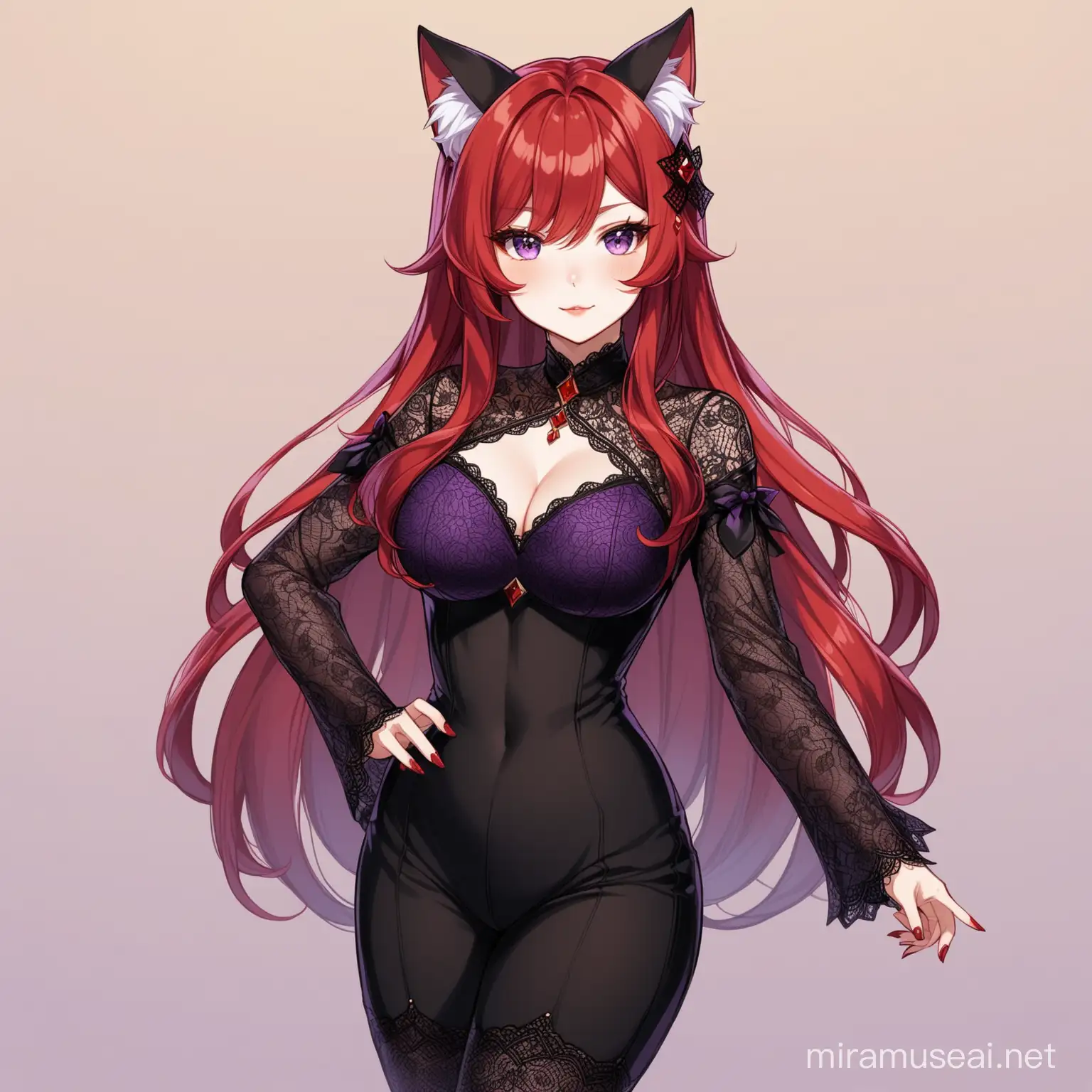 draw a character you'd see in genshin impact with red cat ears, long red and purple hair, mature, black lace outfit