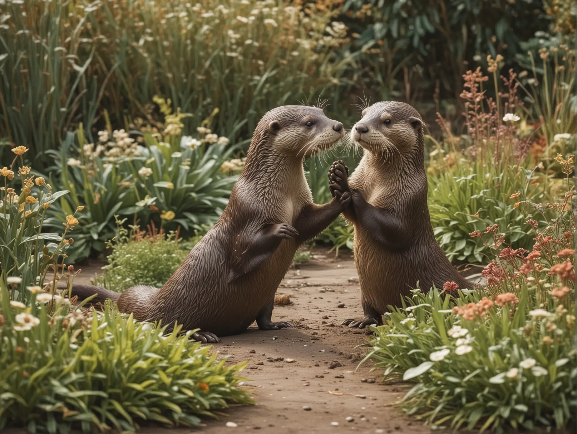 Two otters playing in a garden, in the style of a stock photo, smart casual, diverse, relatable personality, cheerful muted color palette with texture, flickr, provia, minimal retouching, the helsinki school --ar 1920:1080