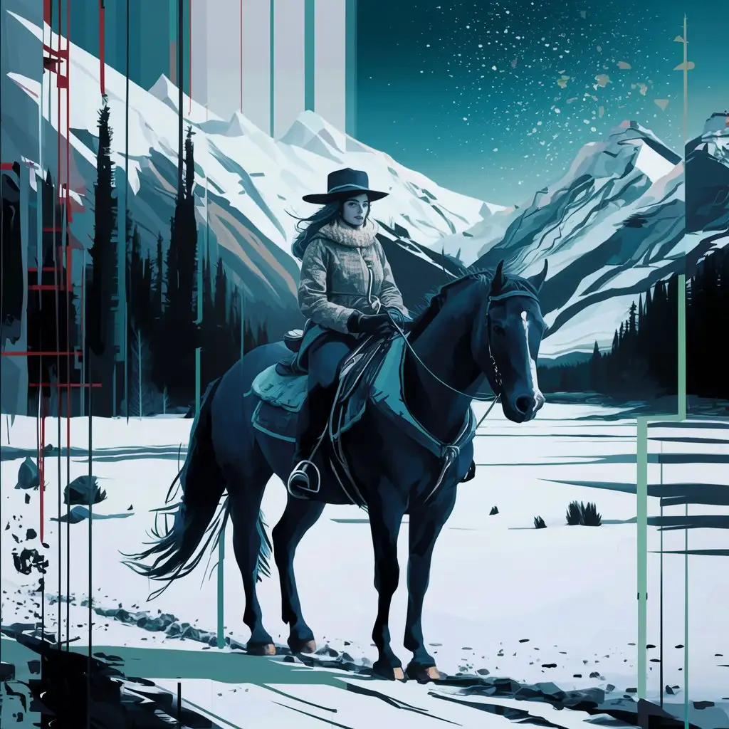 A painting of A lone female rider, rides horse away from viewer, into snowy terrain with high pines and mountains , warm clothing, hat, star clear beautiful night , deep blue sky,  modern painting, oil painting, jackson pollock painting technique, artistic 