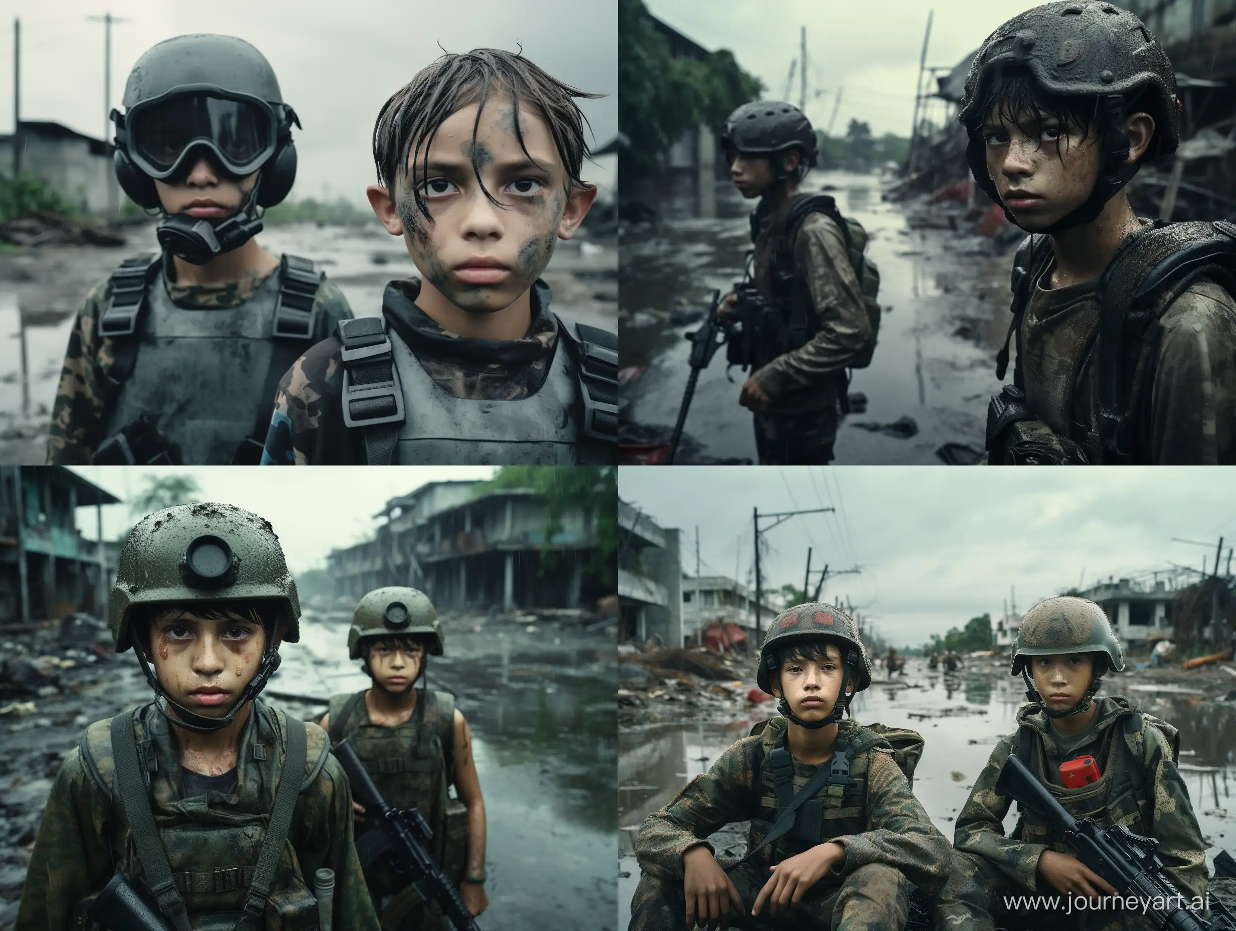 Photo image of heavy equipped teenager soldiers with helmet in abandoned apocalyptic eerie forlorn suburban Philippines, day, after rain, end of the world, apocalyptic, photo realistic, real photo