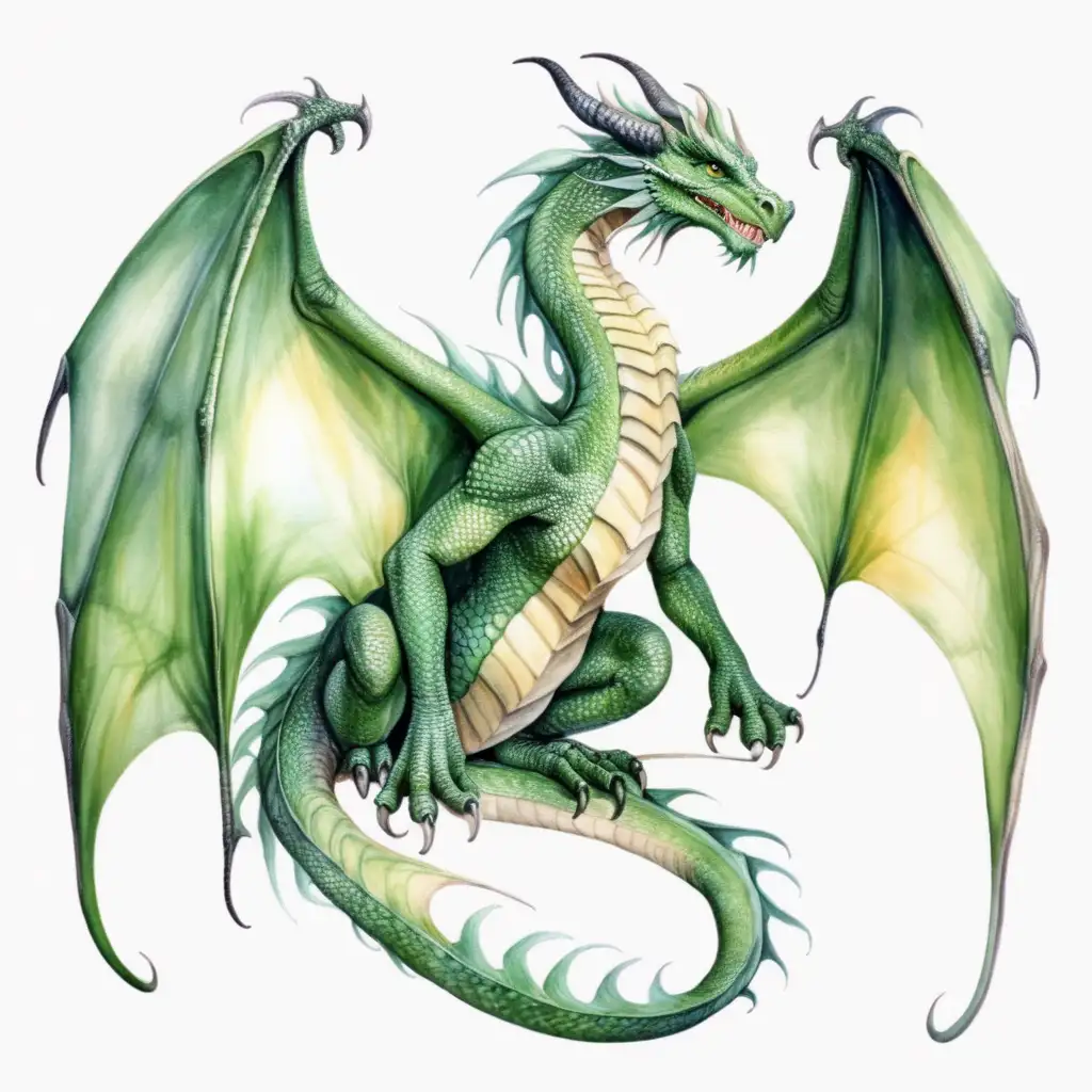 Majestic Green Dragon with Dual Wings in Dark Watercolor Illustration