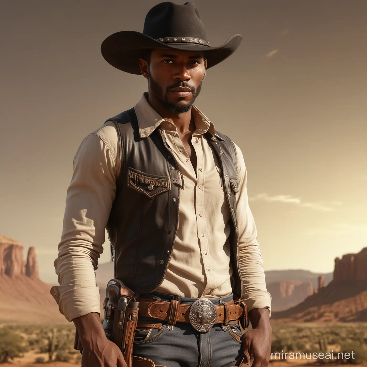 A beautiful black cowboy, in a cowboy art style, a full body portrait, with detailed face features, wearing a leather belt with gun holsters, and a wide brimmed hat on his 
head, set against a wild west background with warm tones, and highly detailed. uhd image, natural beauty realistic shot.hyper hd detailed.4k. --s 1000 --v 6.0
