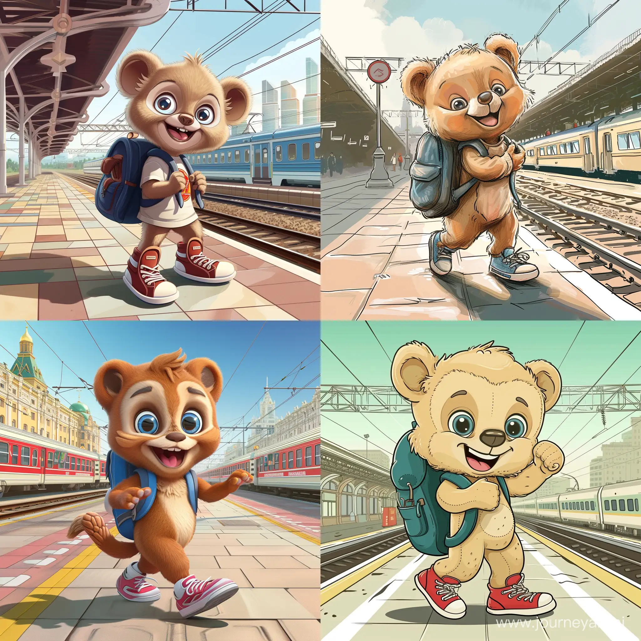 Cartoon cub in Moscow with a backpack in sneakers, joyful at the railway station near the Moscow - Vladivostok train