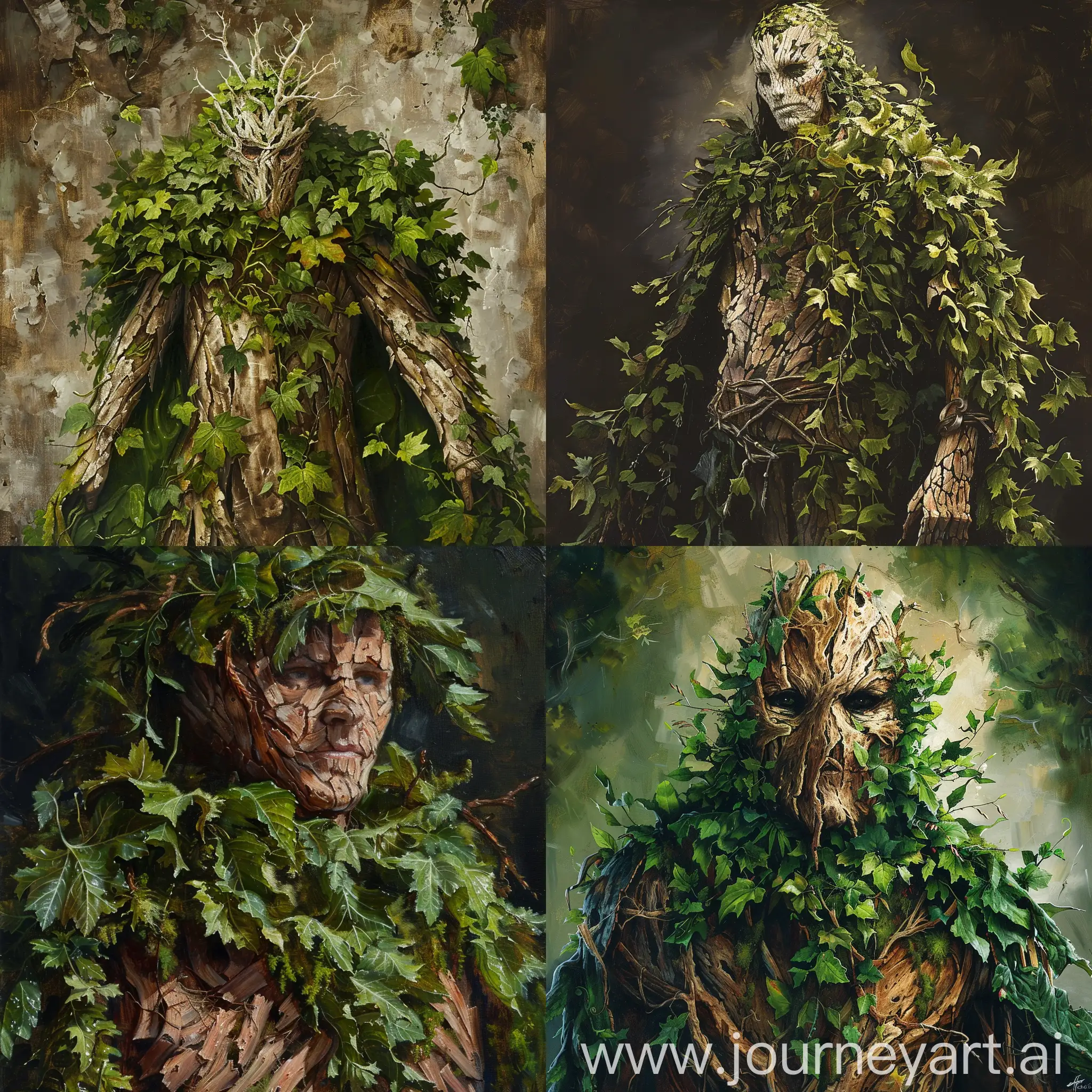 Warrior of the forest with bark skin and green battle robes made of foliage.
In the art style of Terese Nielsen oil painting.