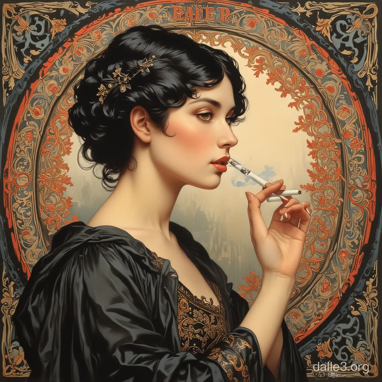 1890s cigarette ad in the style of alphonse mucha delicate hand raven black hair 