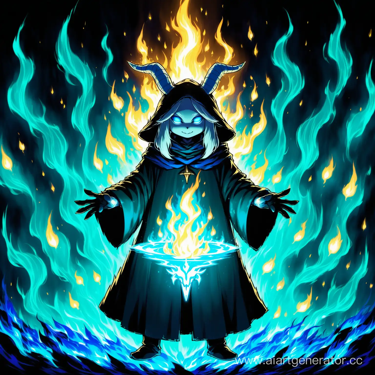 Asriel маленький злой волшебник окружен голубым пламенем
