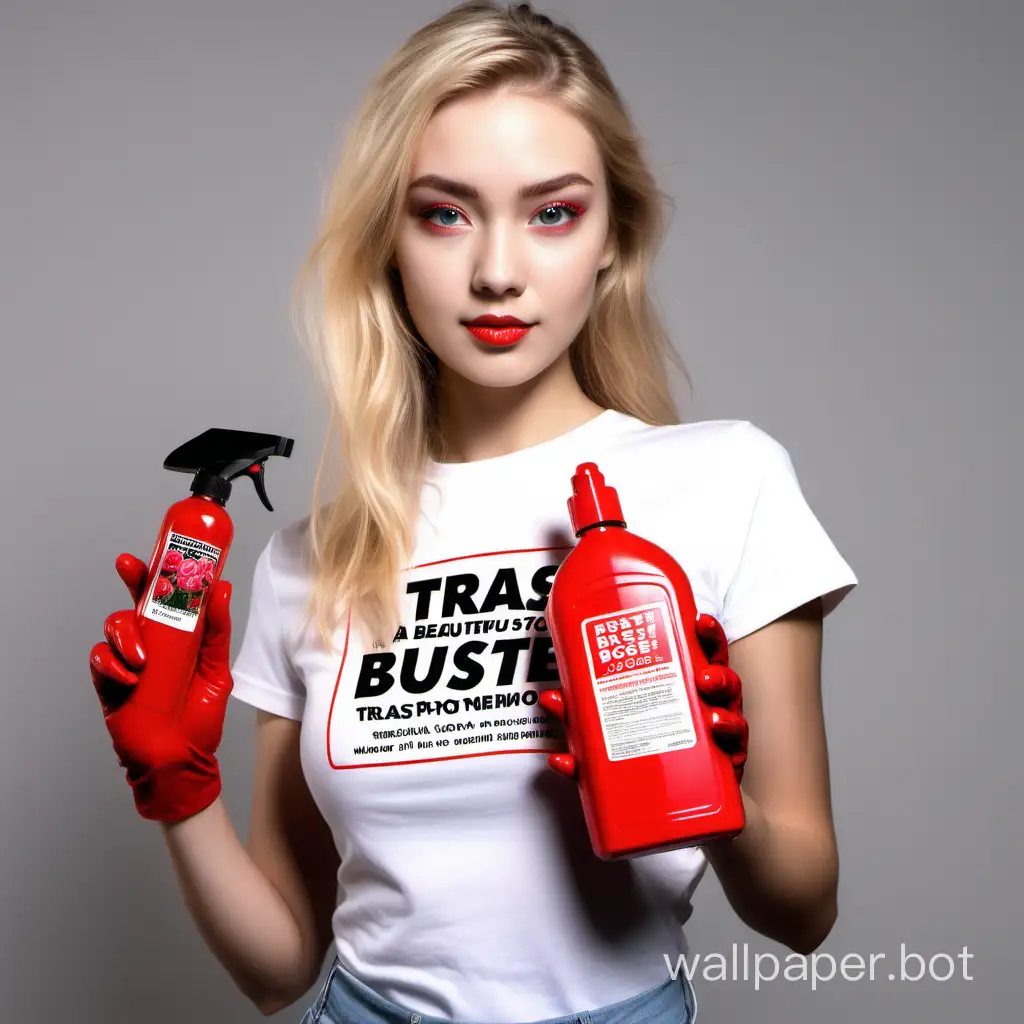 A beautiful blonde girl advertises TRASH BUSTER odor remover, a red trigger bottle with a TRASH BUSTER label, the scent of Chinese rose, inscription of Septohim on clothing.