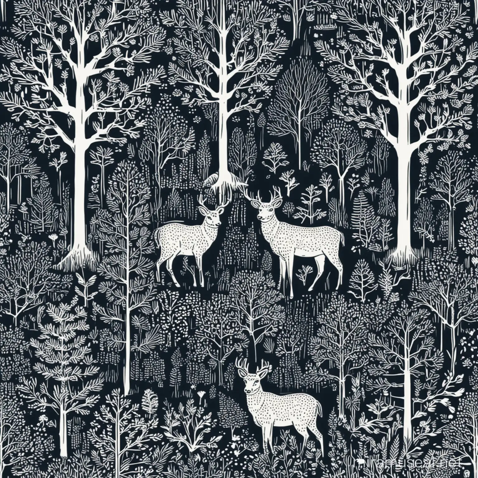 Mystical Enchanted Forest with Linocut Wildlife | MUSE AI