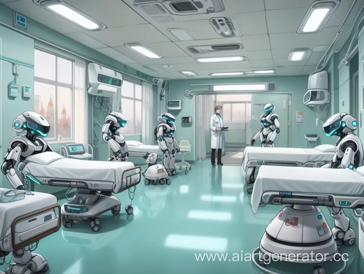 Hospital with SciFi robots in a Russian, modern setting in a simple anime style