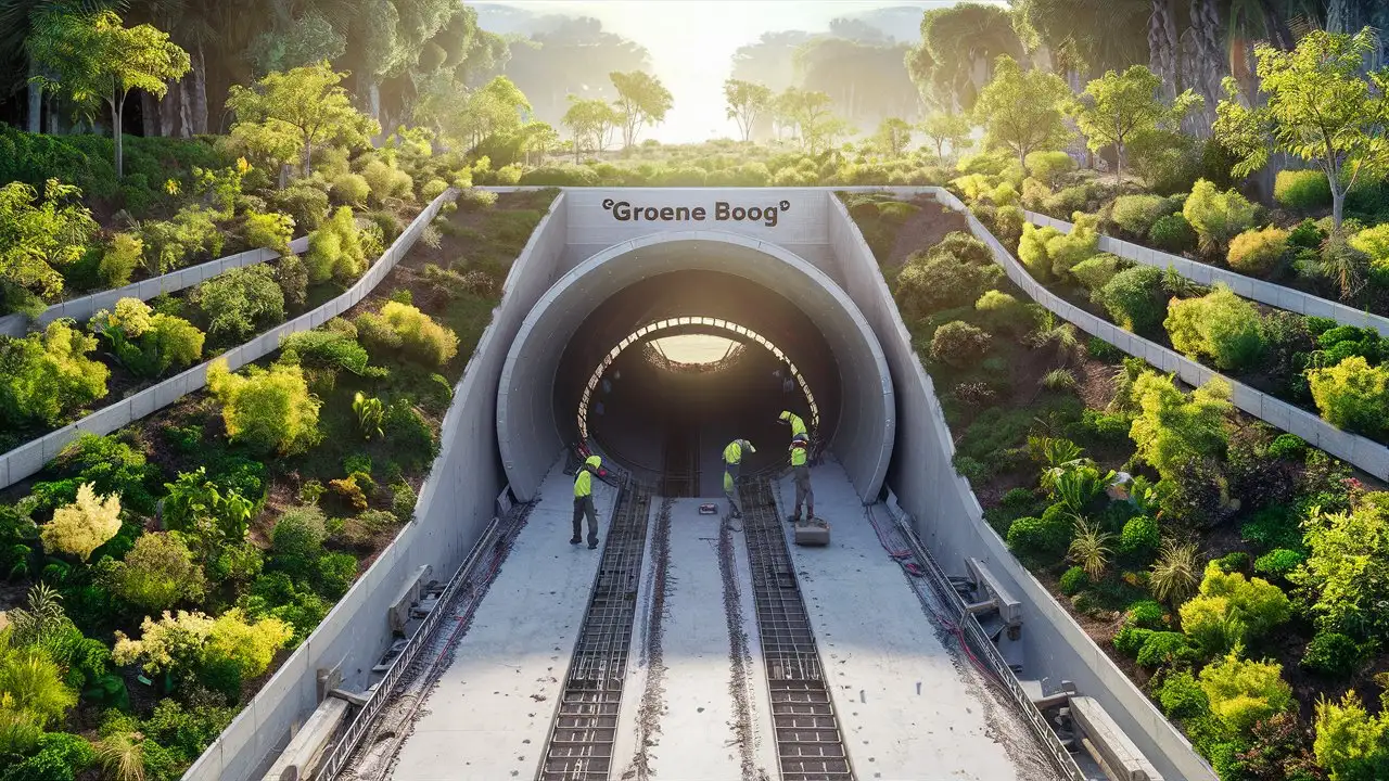Infra construction project, tunnel called the "groene boog". Show plants and trees in the area around the tunnel. Make it all look bright and sunny. 