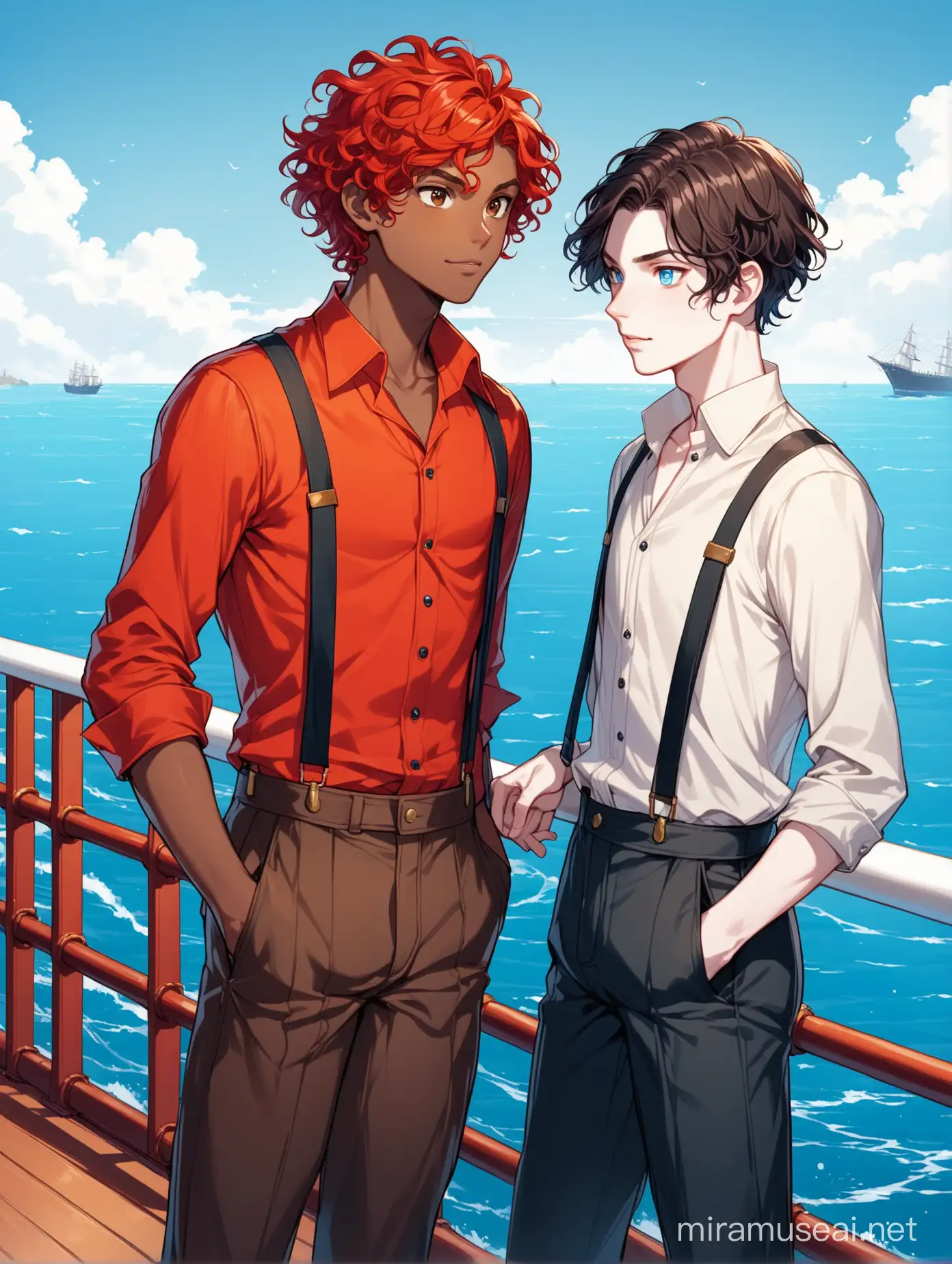 Wylan (red curls boy, pale skin and blue eyes, undersized, 26 years old) is talking seriously with Jesper (light-dark skin boy, short dark hair, lanky, brown eyes, 27 years old) near the rail of a ship sailing on the sea. Jesper is dressed in a bright outfit: shirt, trousers with suspenders.