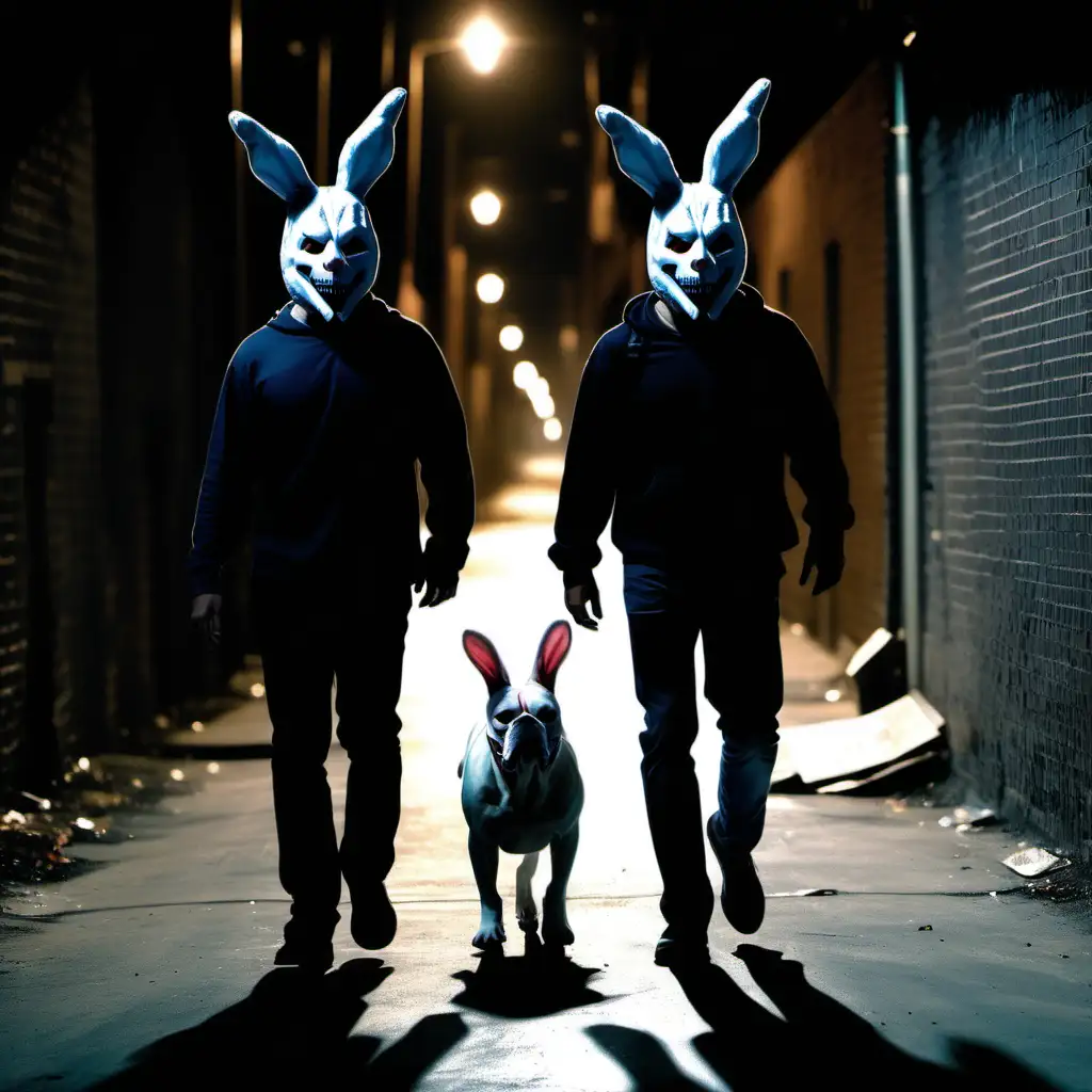 Two guys in Donnie Darko bunny masks walking American xl bulldogs down a dark alley 