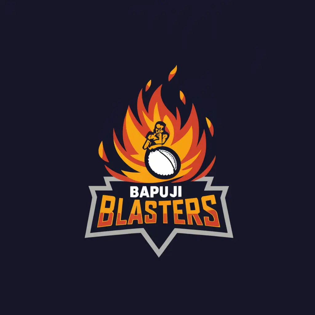 a logo design,with the text "Bapuji
 blasters
", main symbol:a fire cricket ball and name bapuji is highlighted,Moderate,clear background