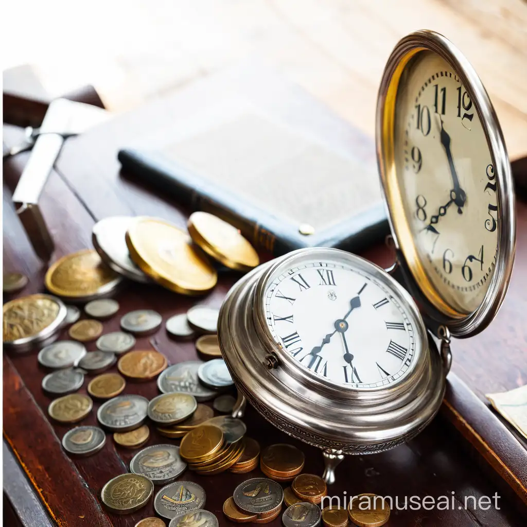 a table with coins and an old clock
