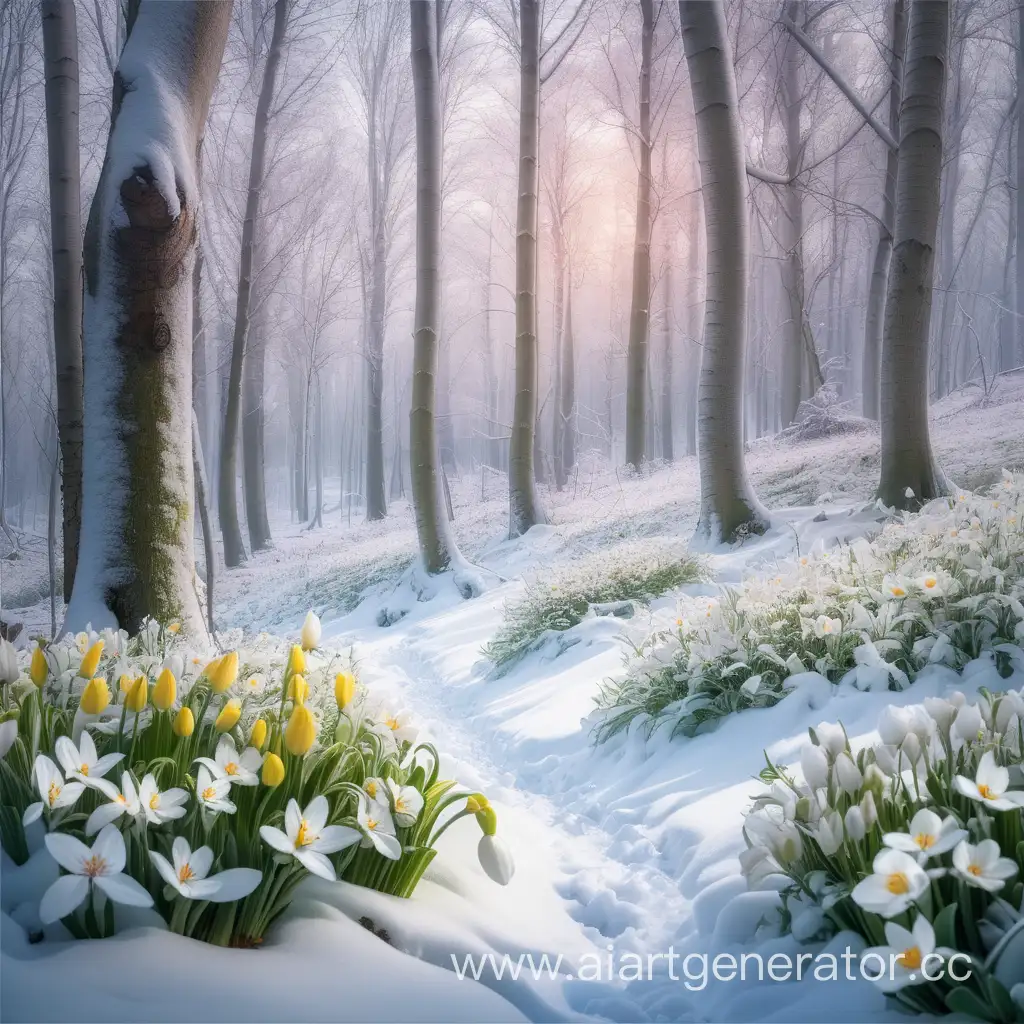 Зимний лес с весенними цветами