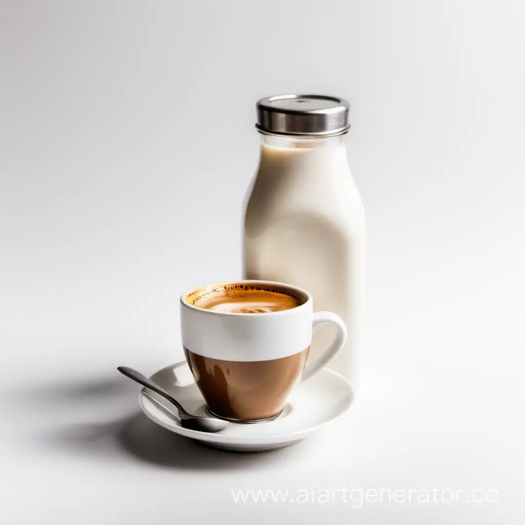 Сup of Coffee with Milk Bottle 
on white Background. very light white background 