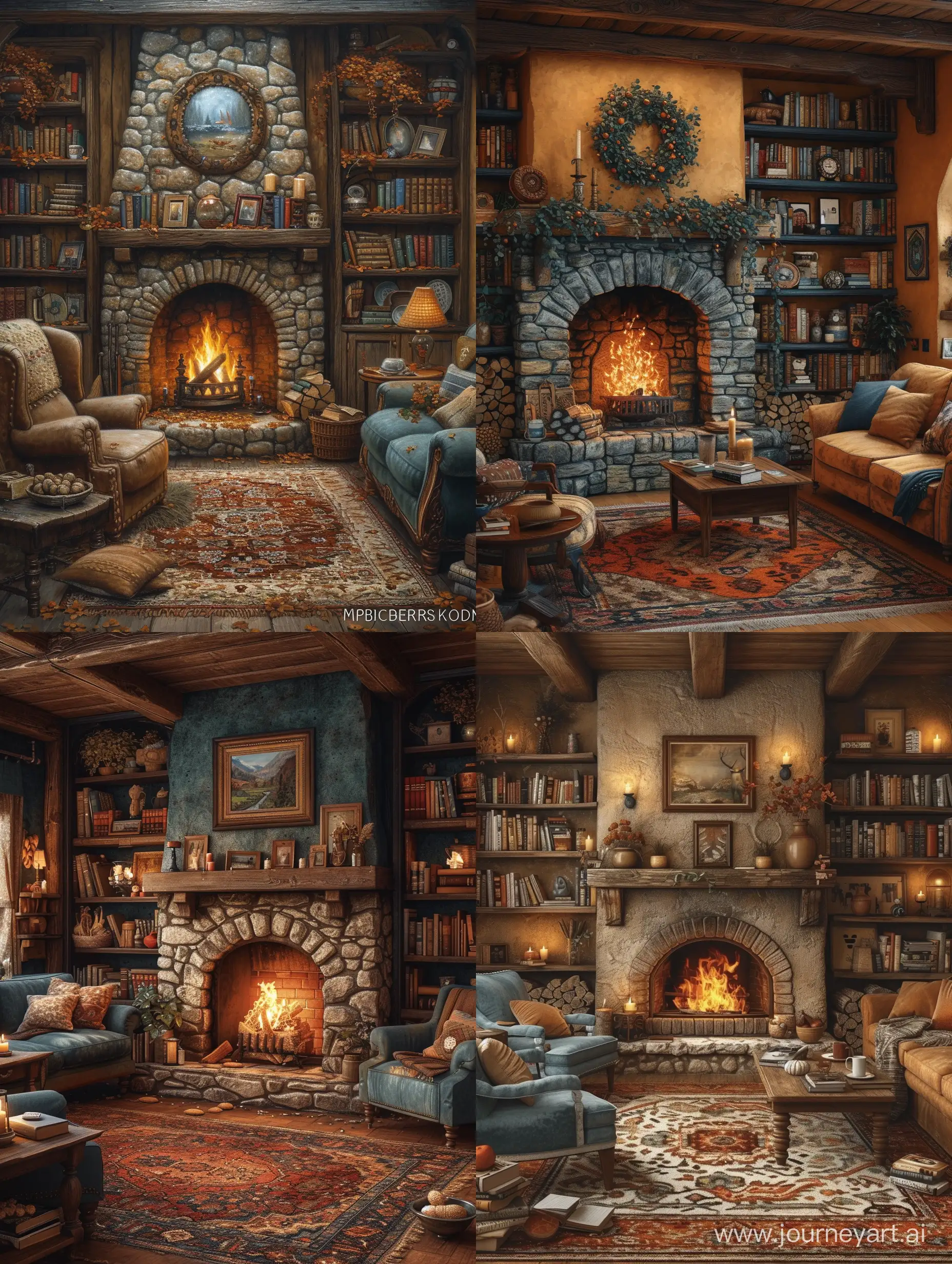 A cozy living room with a fireplace, furnished with comfortable chairs, a sofa, and a coffee table. The walls are painted a warm, earthy color and there are shelves filled with books and other knick-knacks. The fireplace is made of stone and there is a cozy rug in front of it --s 600