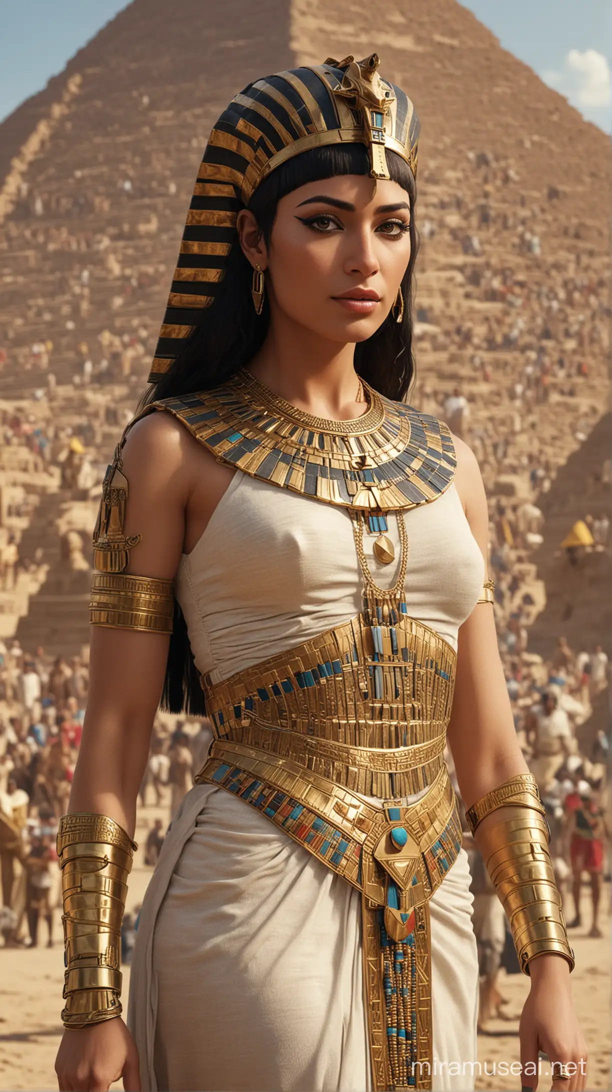 Generate an AI image depicting Cleopatra, the illustrious Queen of Egypt near the great pyramid with her security and servants around. Hyper realistic.